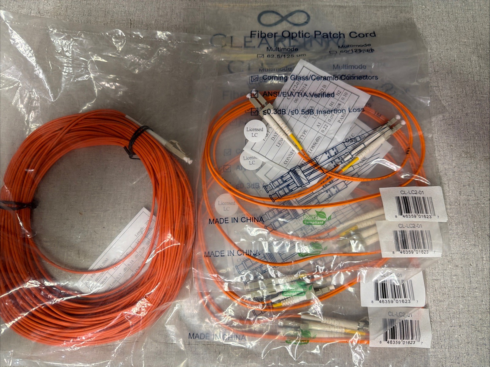 Lot Of Fiber Optic Patch Cords, 4 – 1 Meter, 1 – 20 Meter