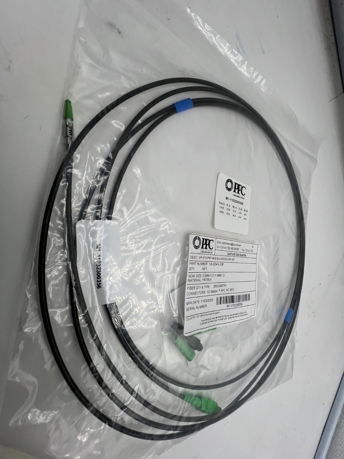 QTY 3 PPC 10FT Fiber QuikPush Cable Assembly 3mm SC APC Balistix 10-0241-10F