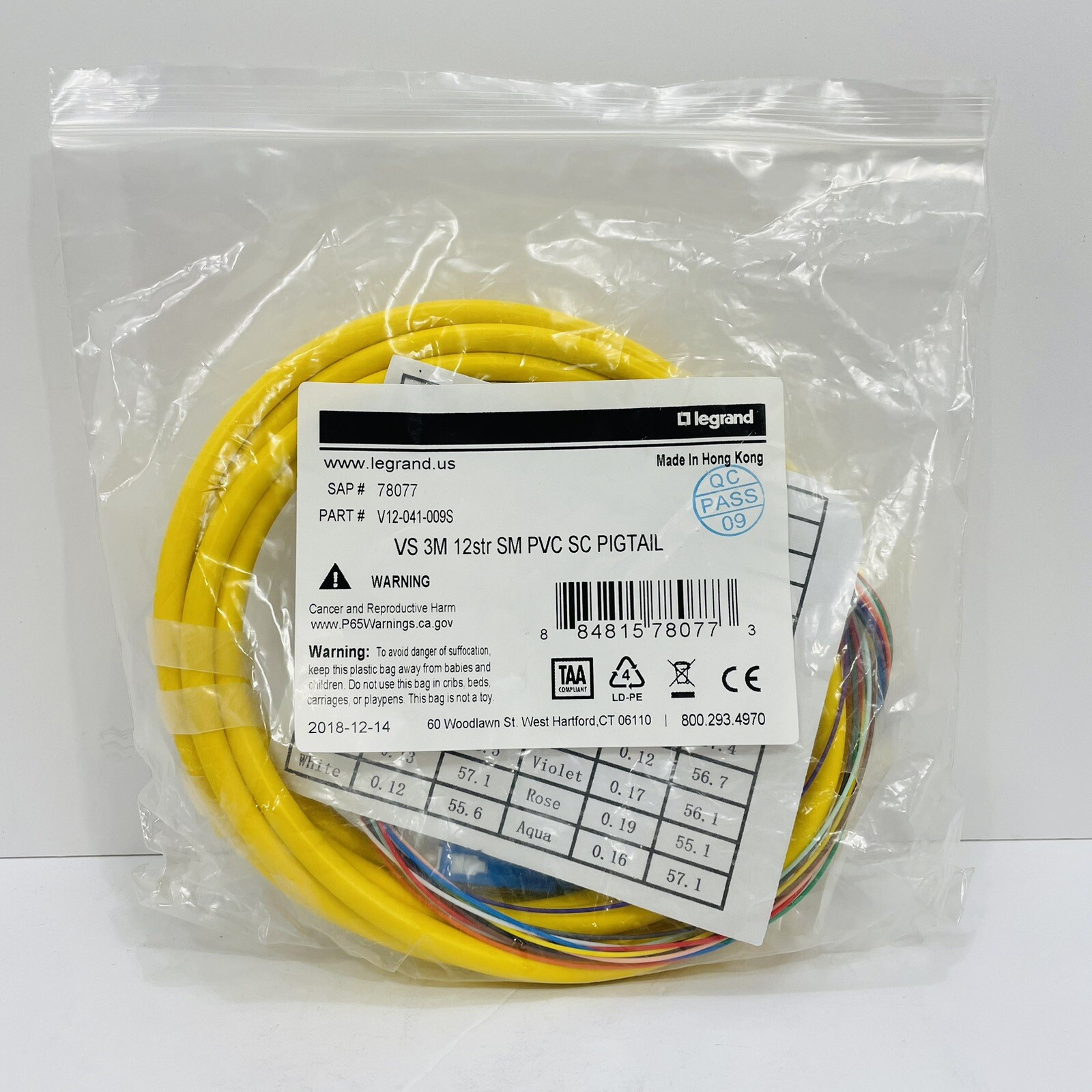 Legrand V12-041-009S Fiber Optic Patch Cable 3M 12 Strand SC Blunt SM ~NEW~