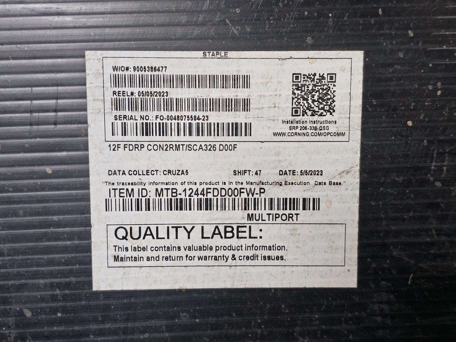 CORNING OPTICAL CABLE 12 MULTIPORT 600′ 12F FDRP CON2RMT/SCA326 D00F
