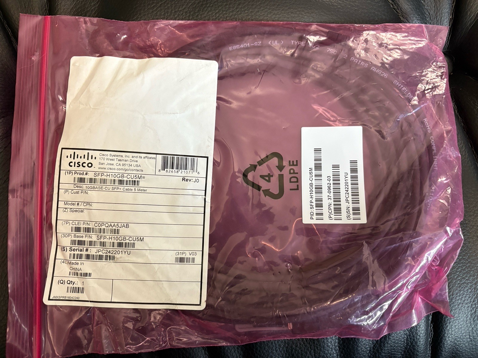 Cisco SFP-H10GB-CU5M 10Gb SFP+ Twinax Passive DAC Cable 5M 37-0962-03 Genuine