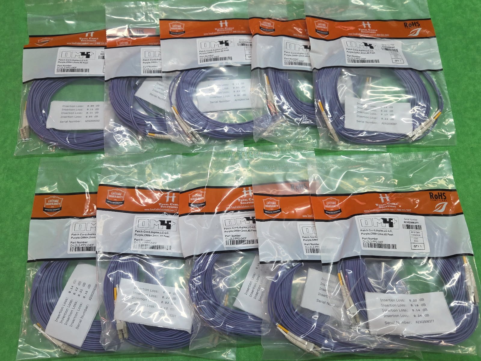 OM4 LC to LC Fiber Optic Patch MM Duplex Purple 50/125 40 FT LOT OF 10 PCS NEW