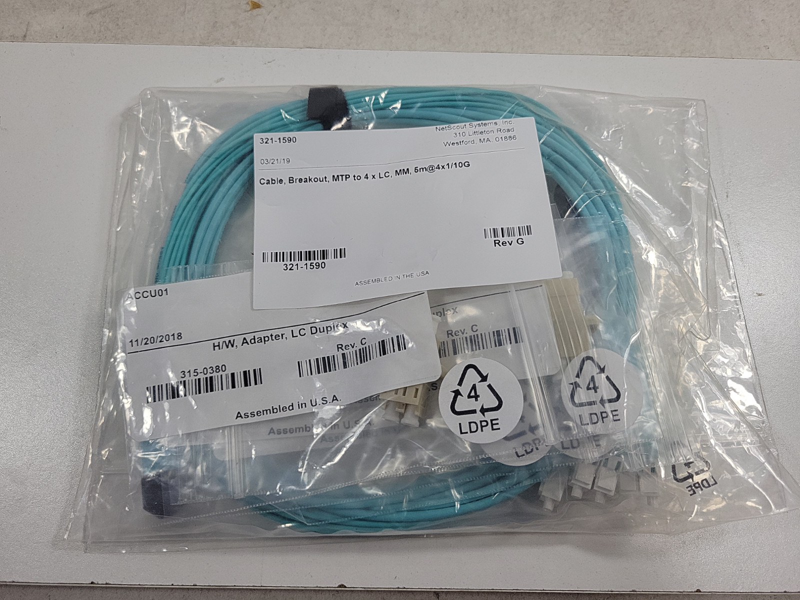 5m / 1m Netscout MPO (Female) to 8xLC (Male) 8-strand Fiber Fanout Cable