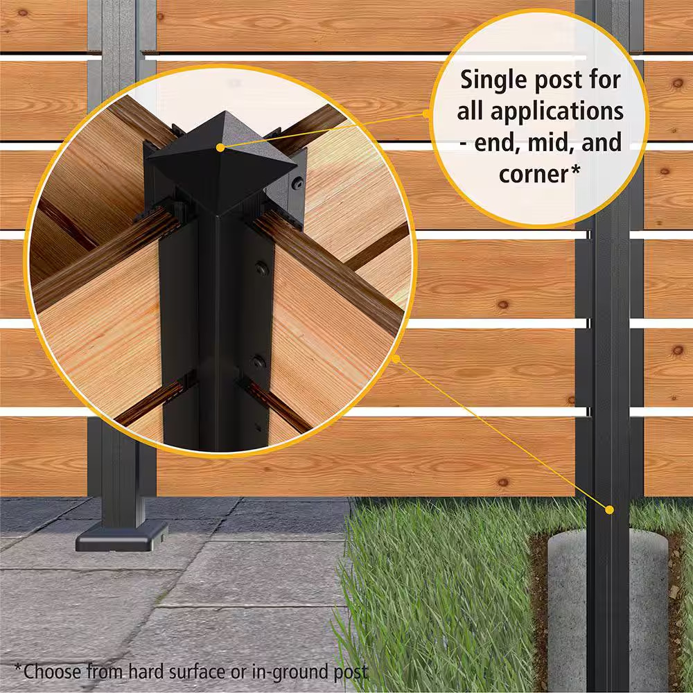 Modular Fencing 76 In. H Matte Black Aluminum Hard Surface Post for a 6 Ft. H Ou