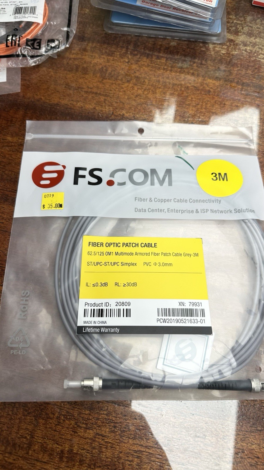FS.com 20809 Multimode Armored Fiber Patch Cable Grey 3 Meters Long
