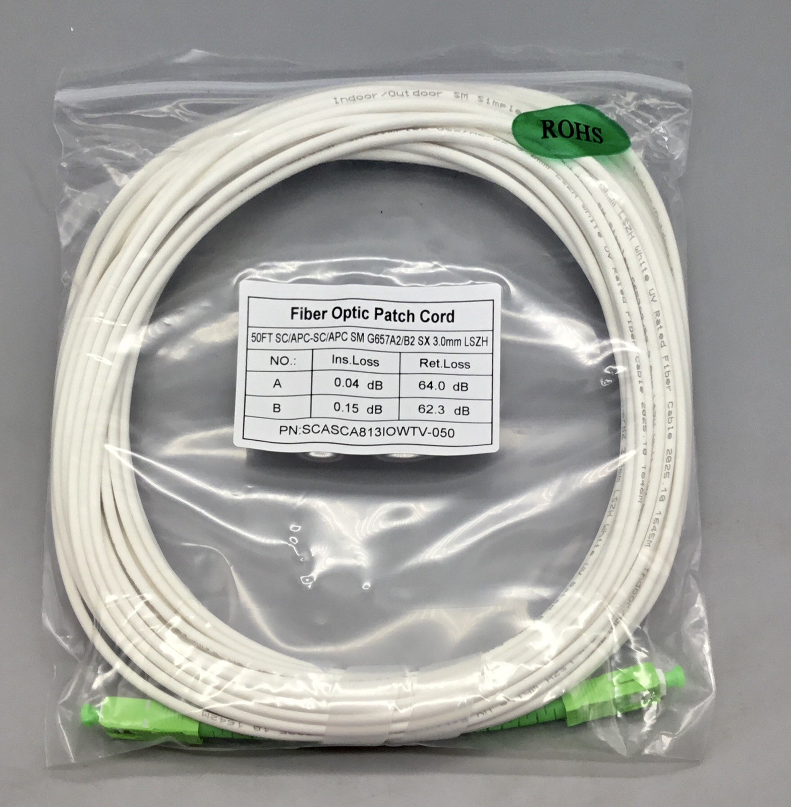 50ft White Fiber Optic Internet Patch Cord 3mm