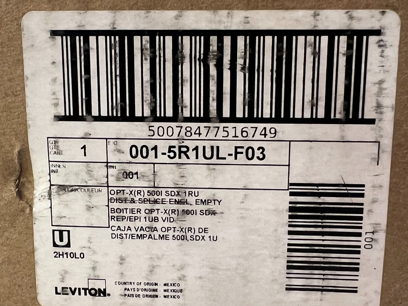 Fiber Enclosure Leviton 5R1UL-F03 1-Unit 500I Empty 3slots .36 fibers