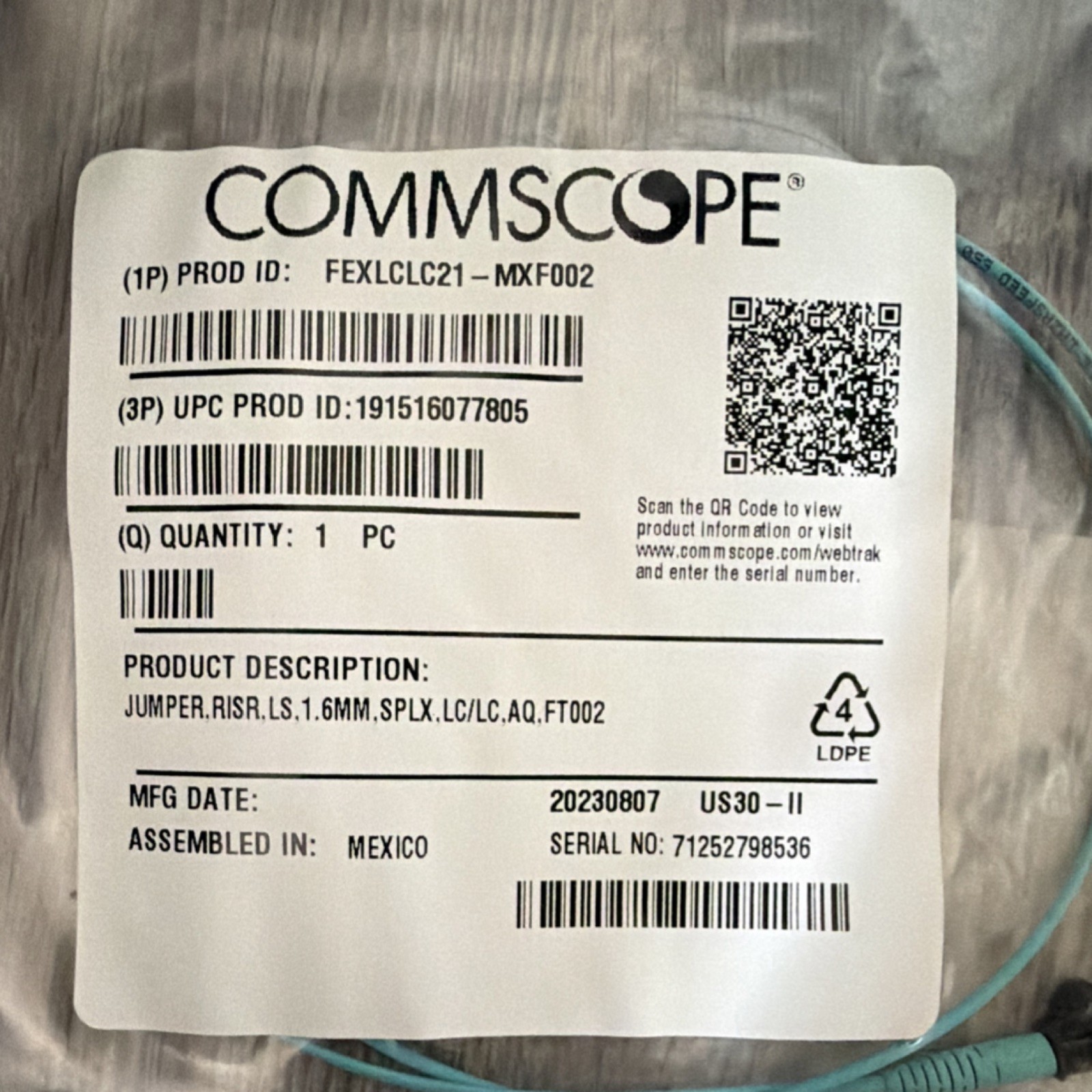 CommScope Simplex LC-LC Aqua Optical Network Cable FEXLCLC21-MXF002 SET OF 20