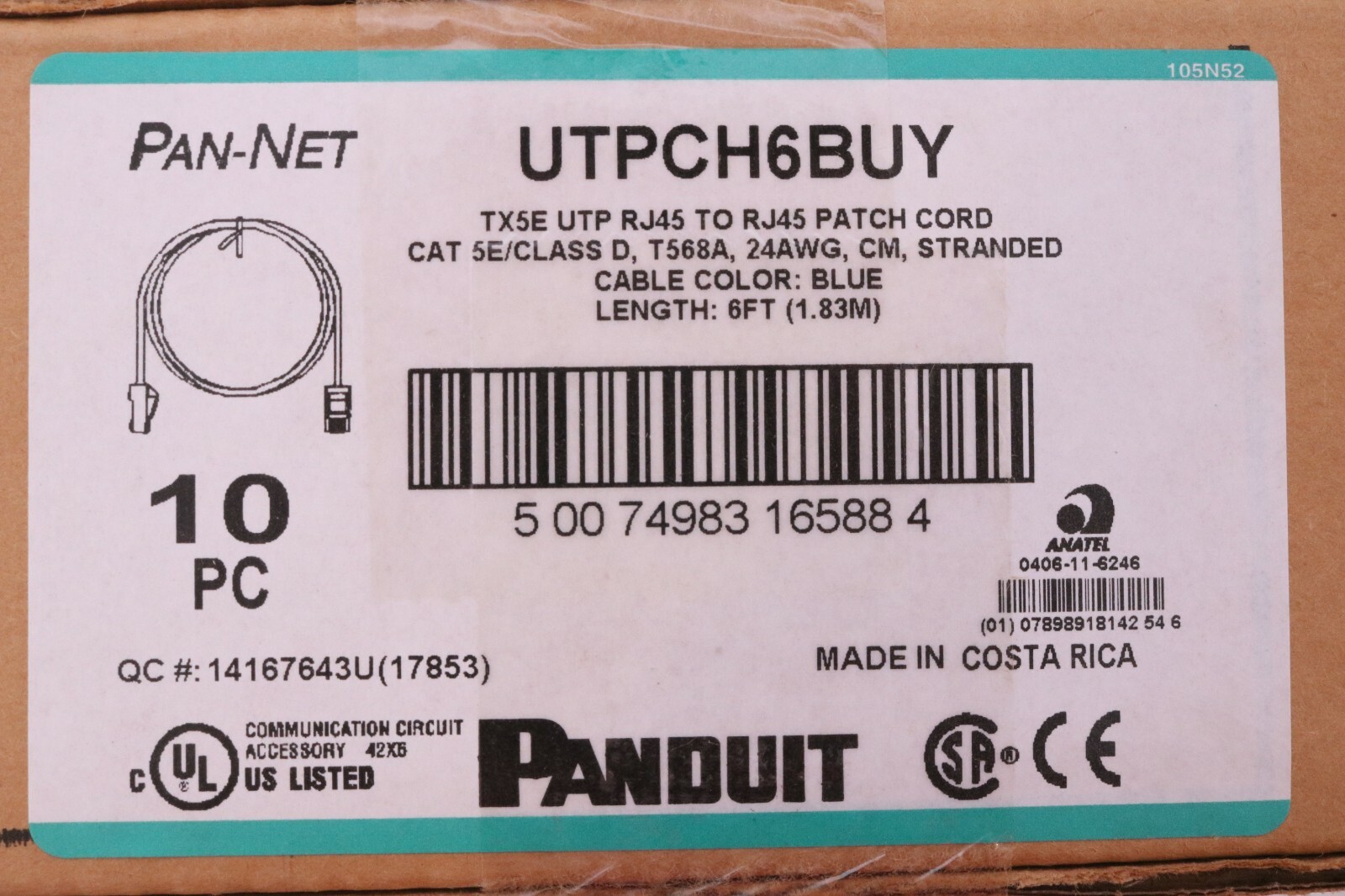 Lot of 10 Panduit Pan-Net 6 ft Blue Stranded CAT 5e T568A Patch Cord UTPCH6BUY