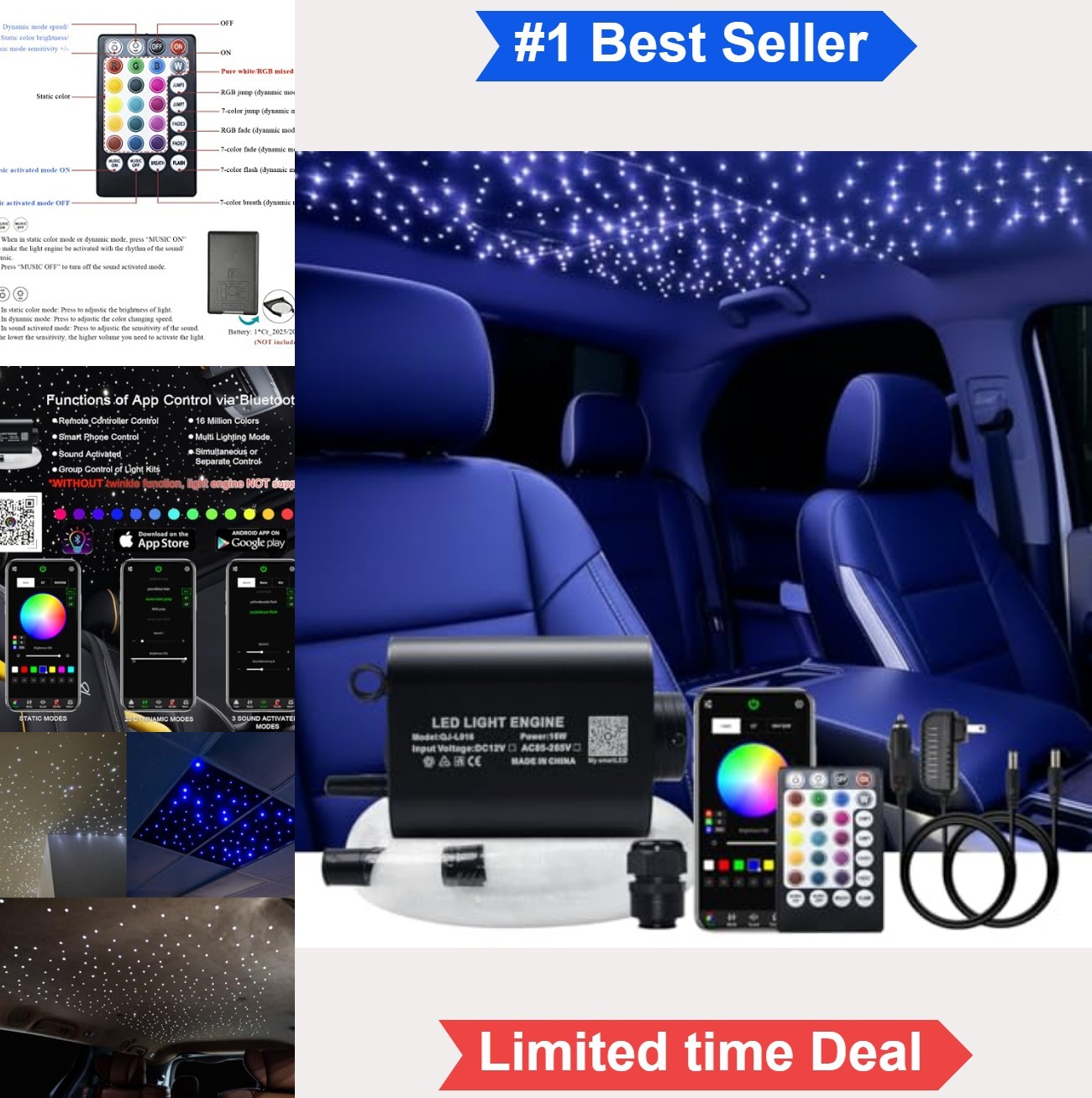 Fiber Optic Starlight Kit 16W 150 Strands 6.5ft 0.75mm APP Control Remote Car