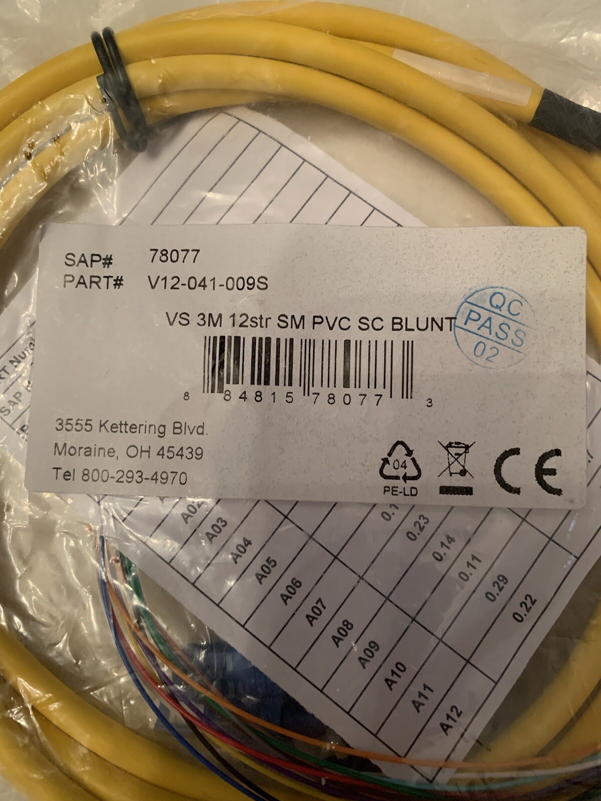Quiktron 12 Strand Single Mode 9/125 Fiber Optic Pigtail 3m SC Blunt