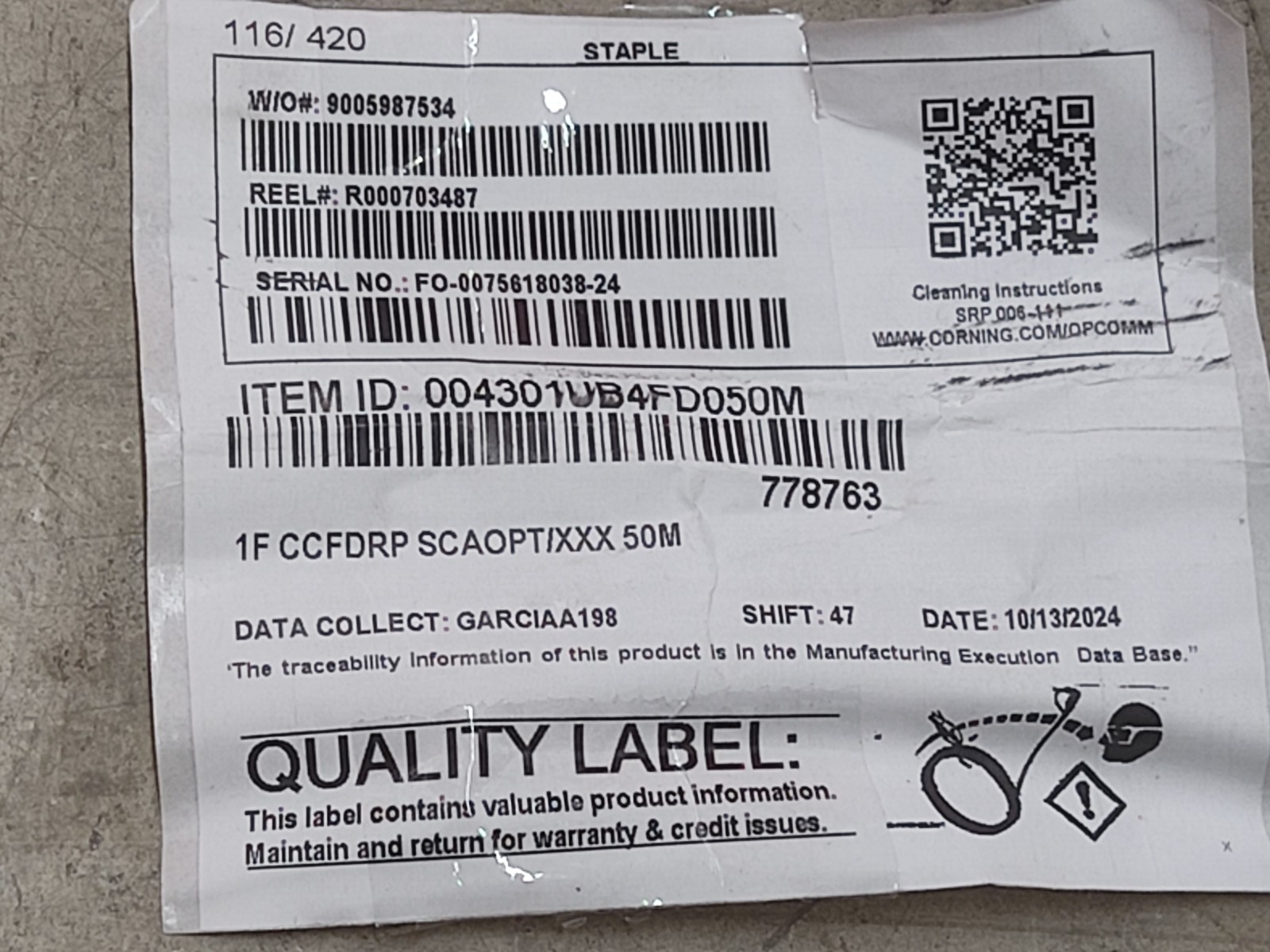 Corning 1F CCFRDP SCAOPT/XXX Fiber Optic Drop Cable 50M Reel SC/APC Connector