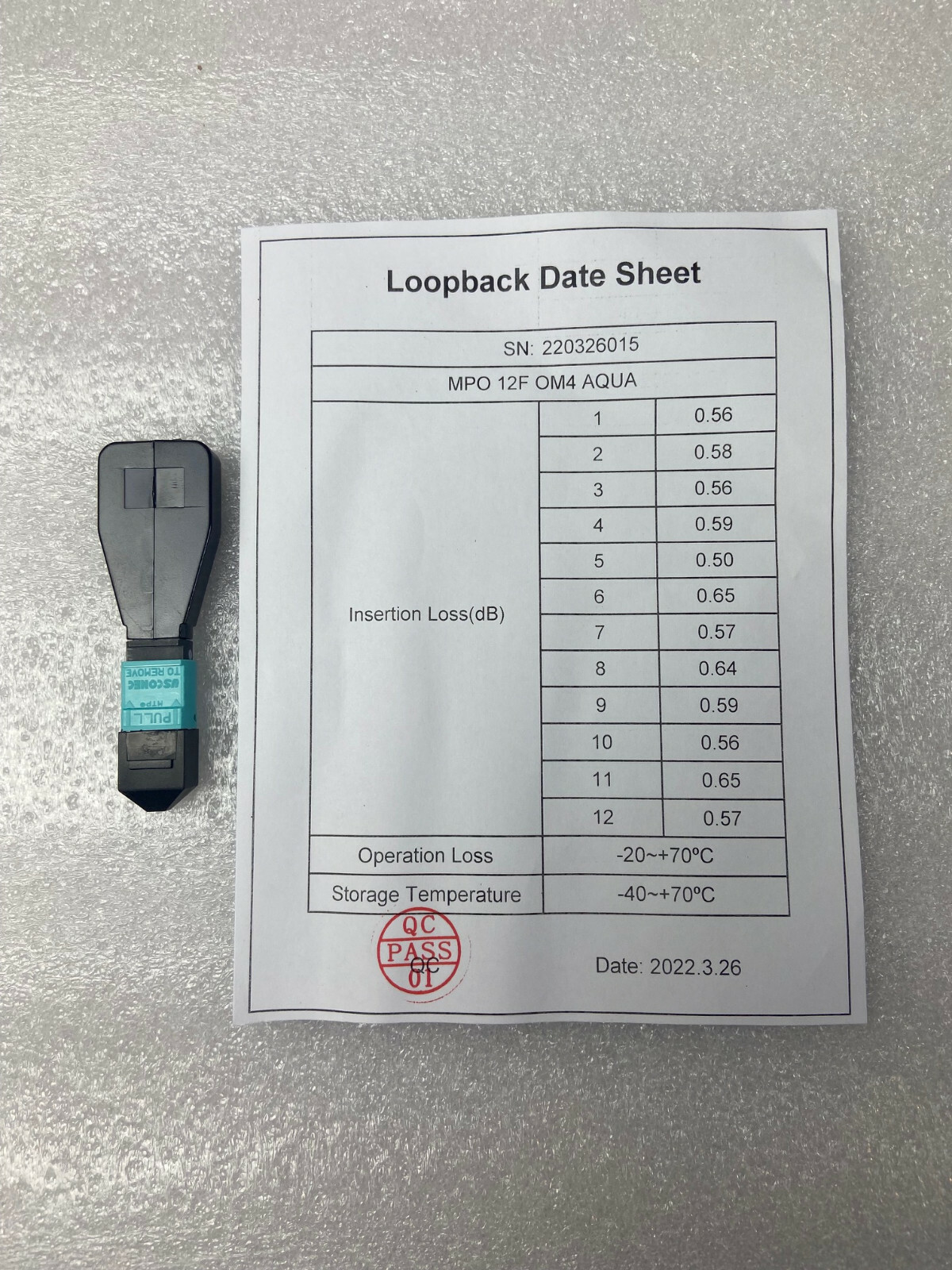 New Mpo Fiber Optic Loopback Female 12-Core Mpo Key Up Multimode OM4 / OM3
