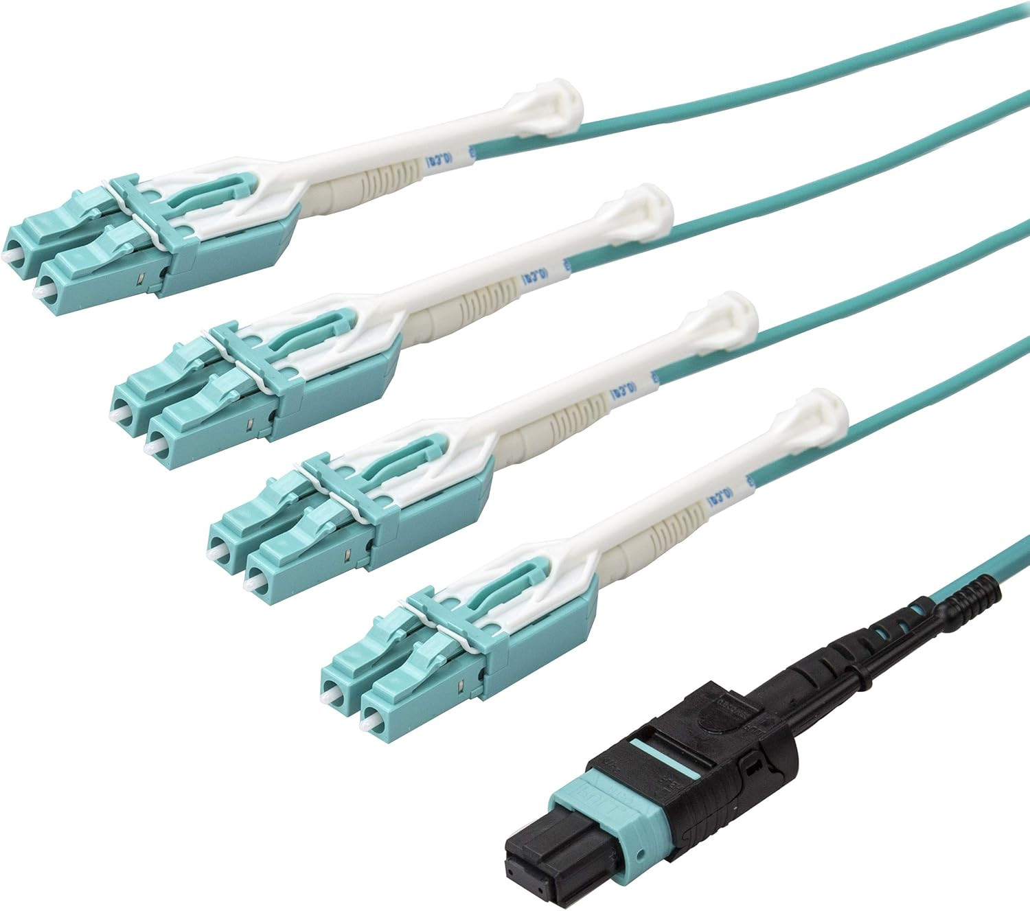 3M (10Ft) MTP(F)/PC to 4X LC/PC Duplex Breakout OM3 Multimode Fiber Optic Cable,