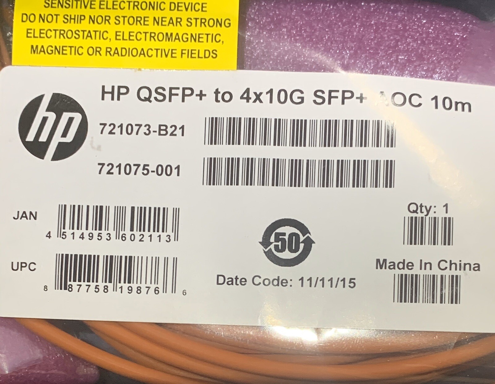 721073-B21 HPE 721075-001 40G QSFP+/4X10G SFP+ AOC 10M CBL,Box R free FedEx Ship