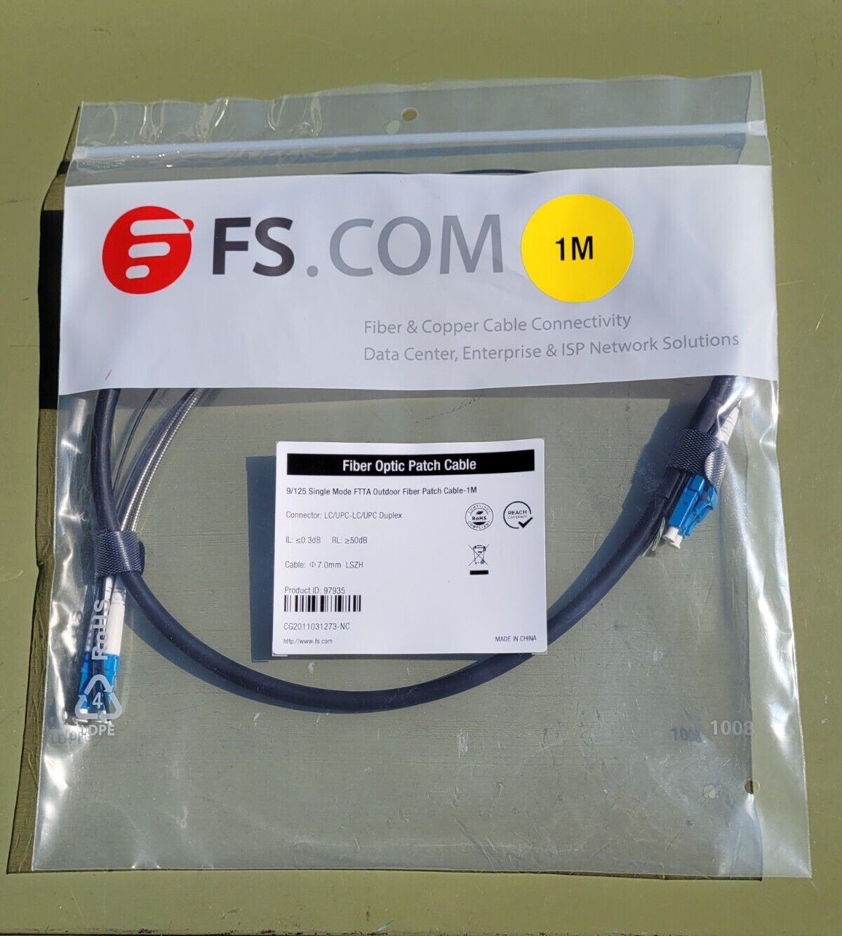 FS 1M OS2 LC UPC to LC UPC Fiber Optic Cable Singlemode Duplex OS2 Fiber Patch