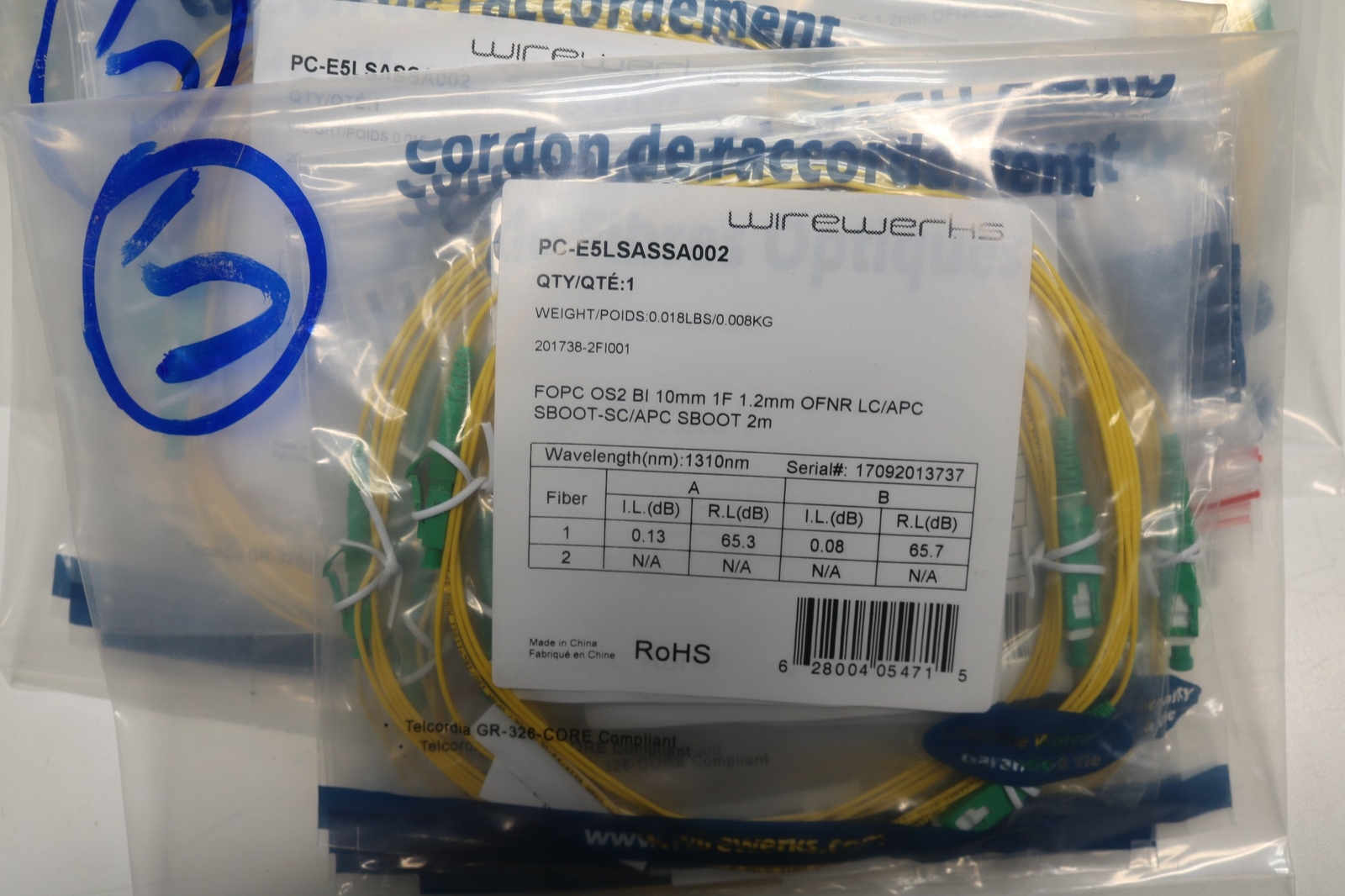 50x Lot 2m 6.5ft Fiber Optic Patch Cable Singlemode Simplex Fiber OFNR LC/APC