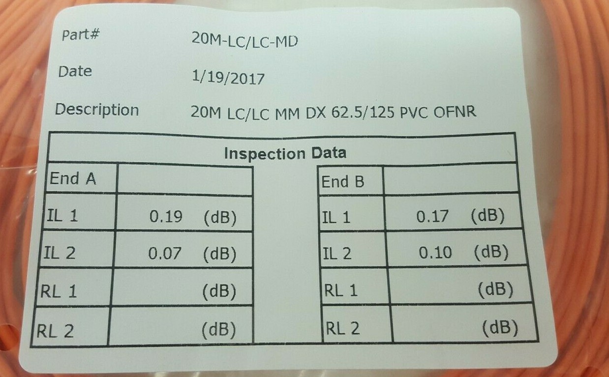 New Fiber Optical (20M-LC/LC-MD) 20M LC/LC MM DX 62.5/125 PVC OFNR