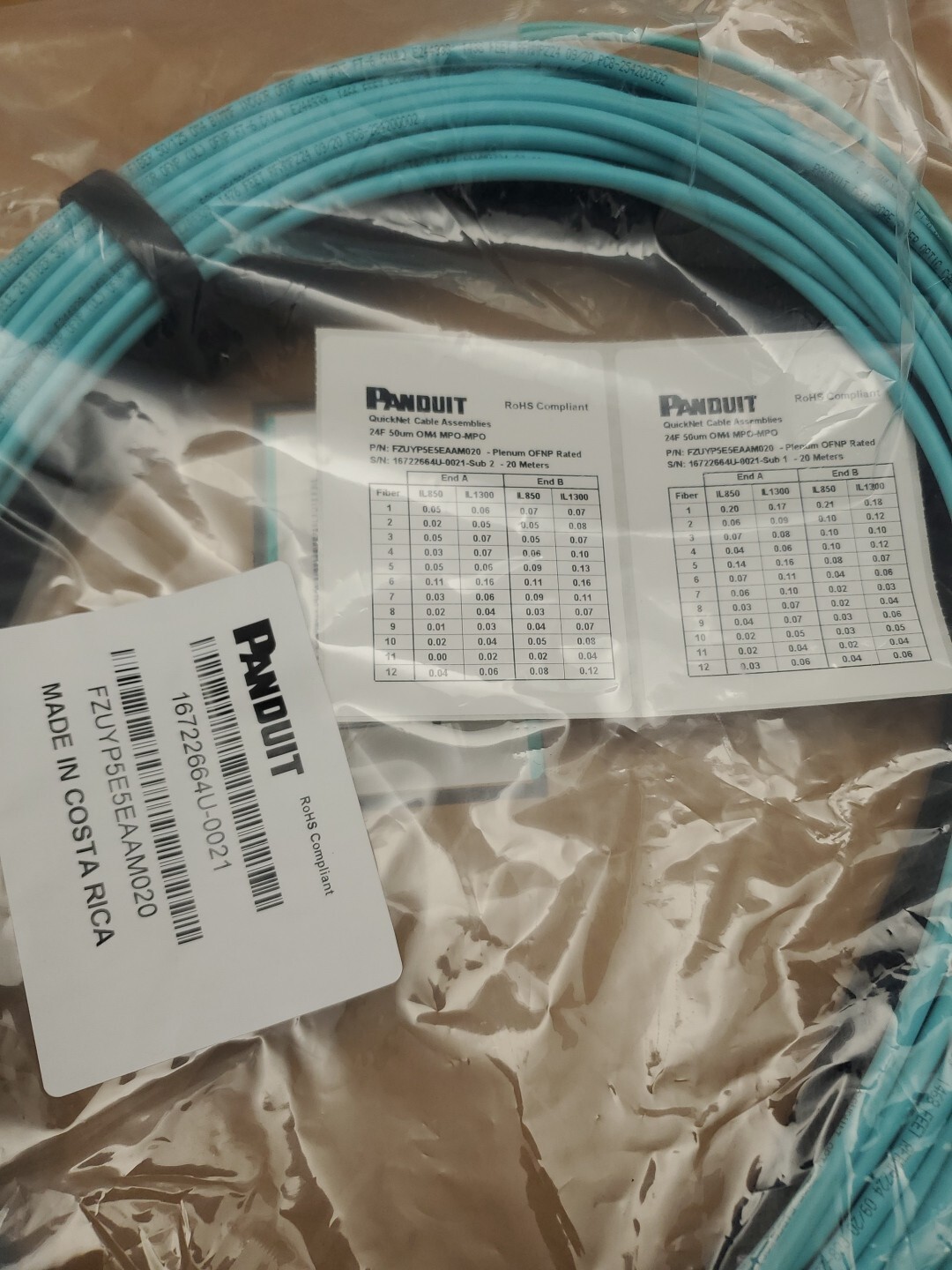 PANDUIT OM4 24 Fiber Sm Indoor Trunk MPO to MPO 20 Meters FZUYP5E5EAAM020