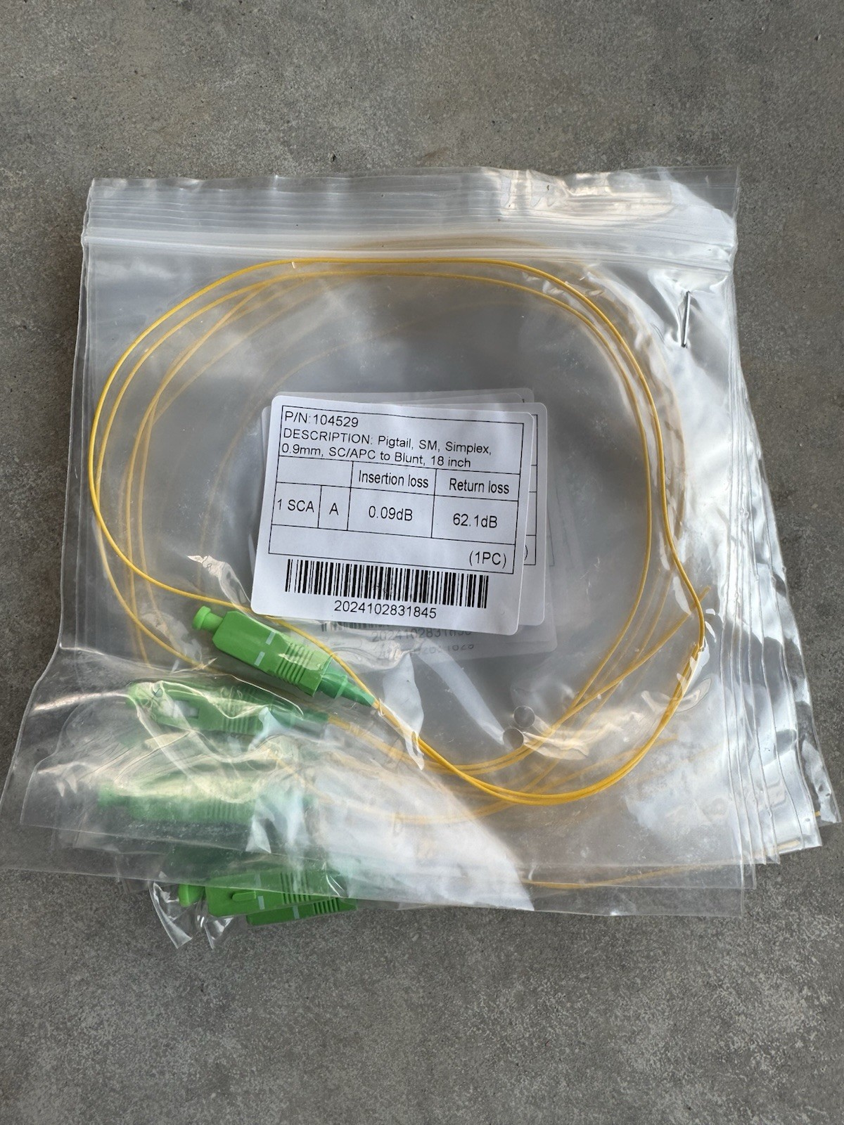 Pigtail SM Simplex, 0.9mm, SC/APC to Blunt, 18 inch Fiber Optic Cable LOT OF 30