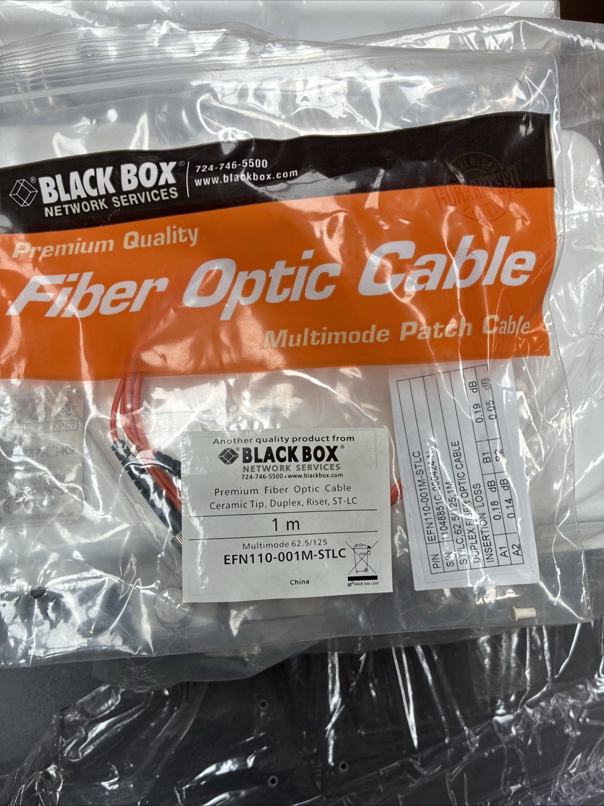 BLACK BOX FIBER OPTIC CABLE MULTIMODE EFN110-001M-STST 3 Feet
