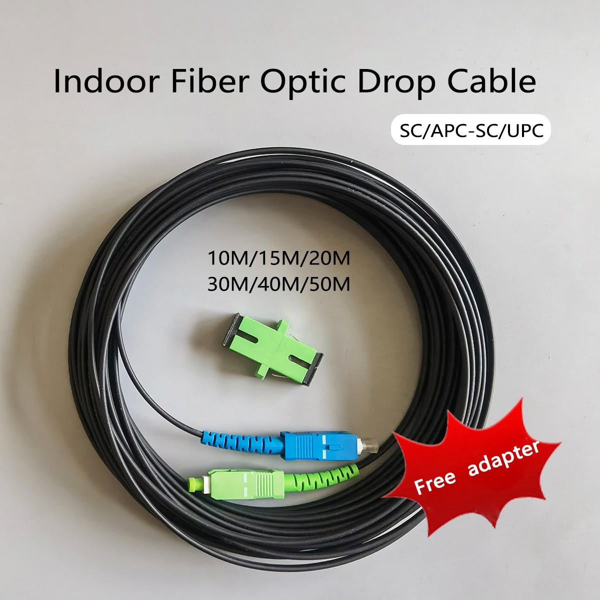 10M-50M Indoor Fiber Optic Drop Cable Single-Core Black SC/APC To SC/UPC