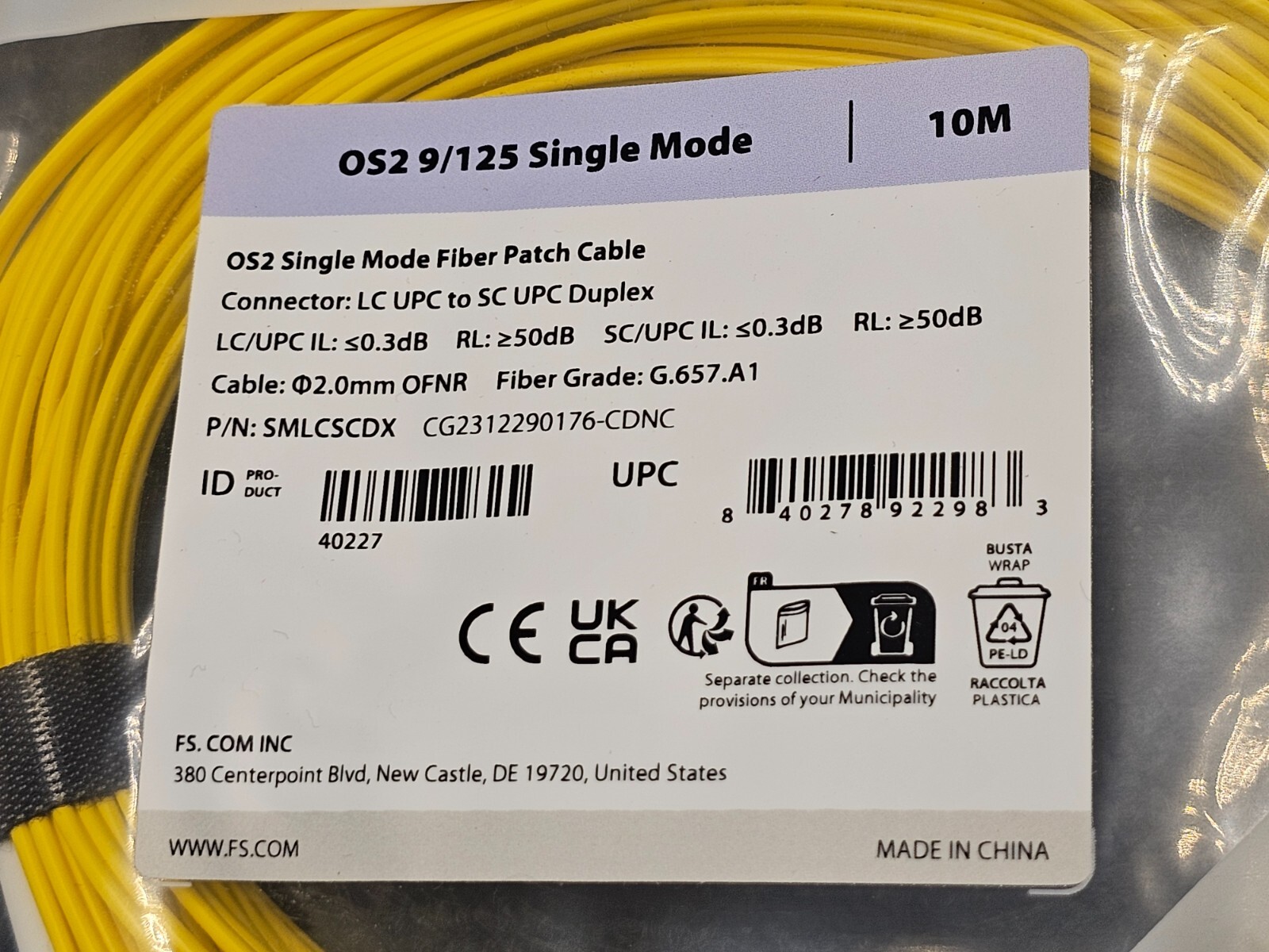 (QTY 2) FS SMLCSC Duplex 9/125 Single Mode 10m Fiber Patch Cable LC.UPC-SC/UPC