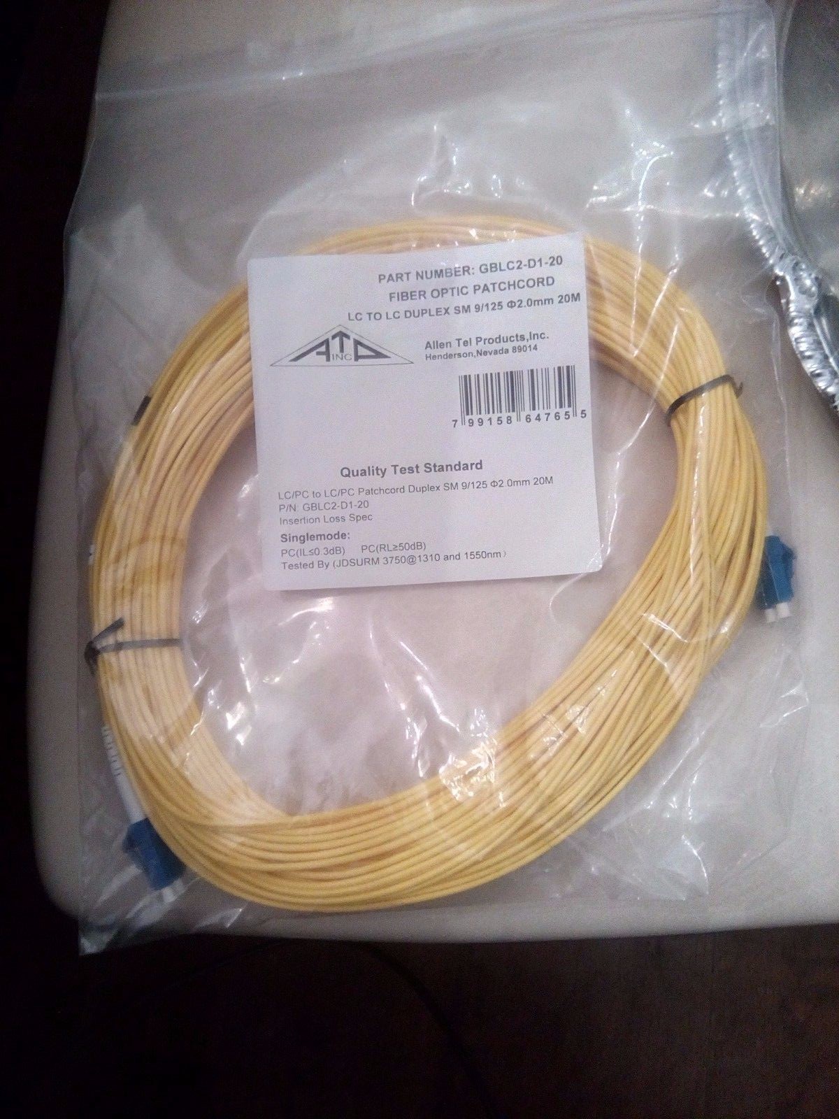 ALLEN TEL GBLC2-D1-20 Fiber Optic Patch Cord CL to CL DUPLEX SM 9/125 20M