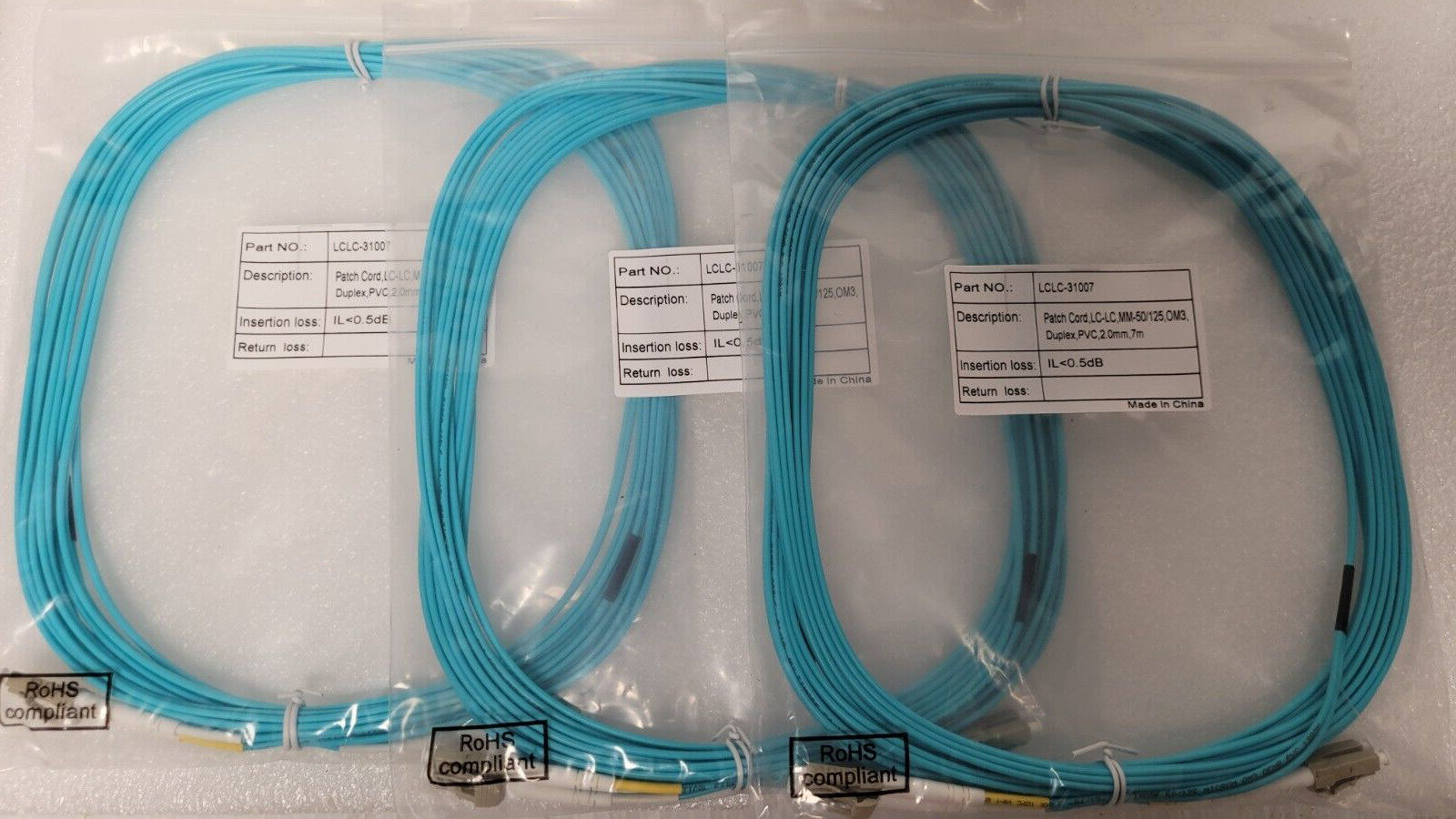Lot of 3 LCLC-31007 10 Gigabit LC/LC Multimode Duplex, 50/125 22.9-Feet 7m