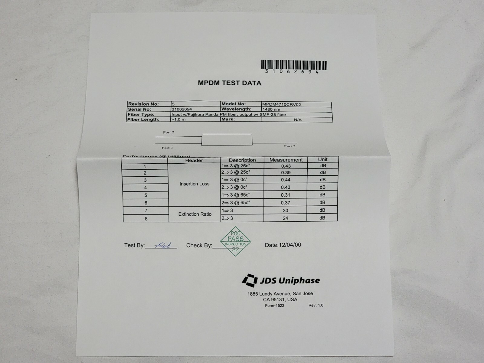 JDS Uniphase Model MPDM4710CRV02 Unit w/ Fijukura Panda PM Fiber In / SMF-28 Out