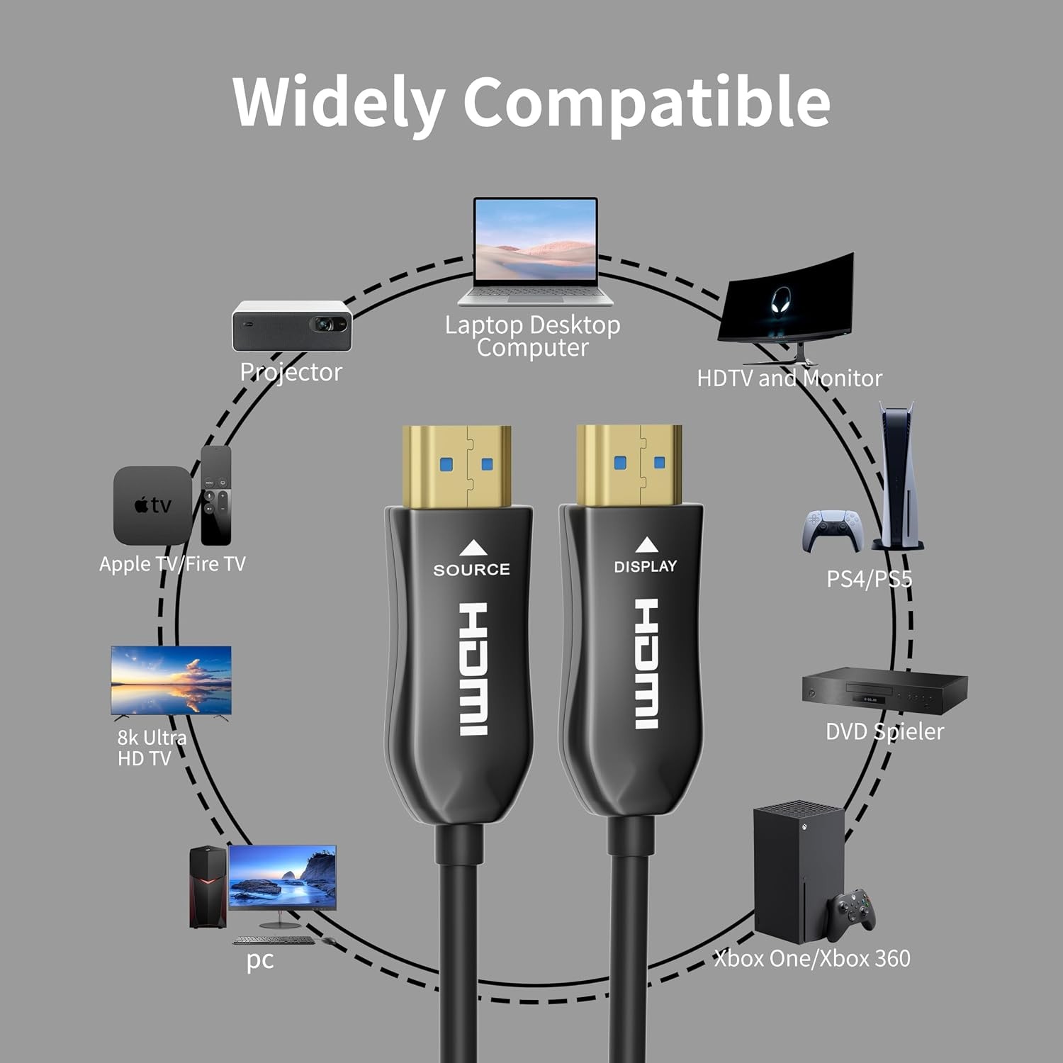 1x Black 4K Fiber Optic HDMI Cable 3-100FT 2.0 Cable Cord 18Gbps For PS5/TV Box