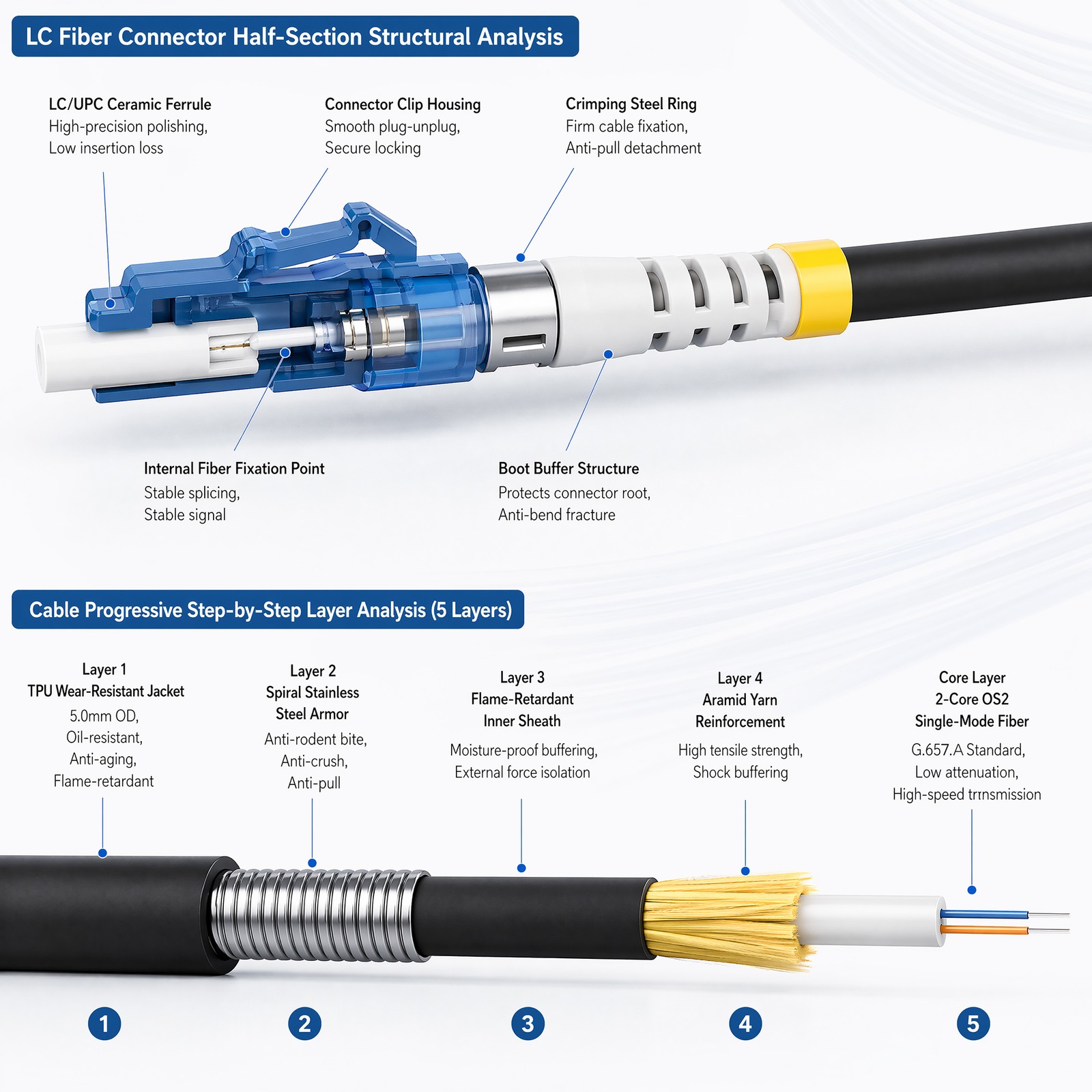 OS2 LC to LC Duplex Single Mode Outdoor Armored Fiber Patch Cable, TPU 30M-150M
