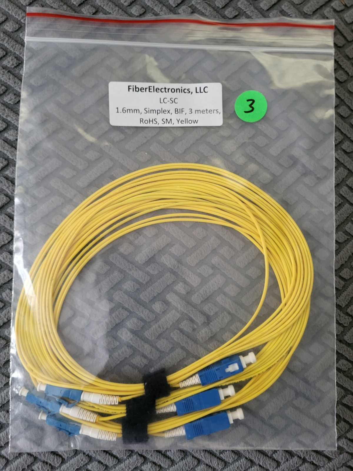 (3) FiberElectronics LC-SC 1.6mm SIMPLEX BIF 3 METERS RoHS SM YELLOW