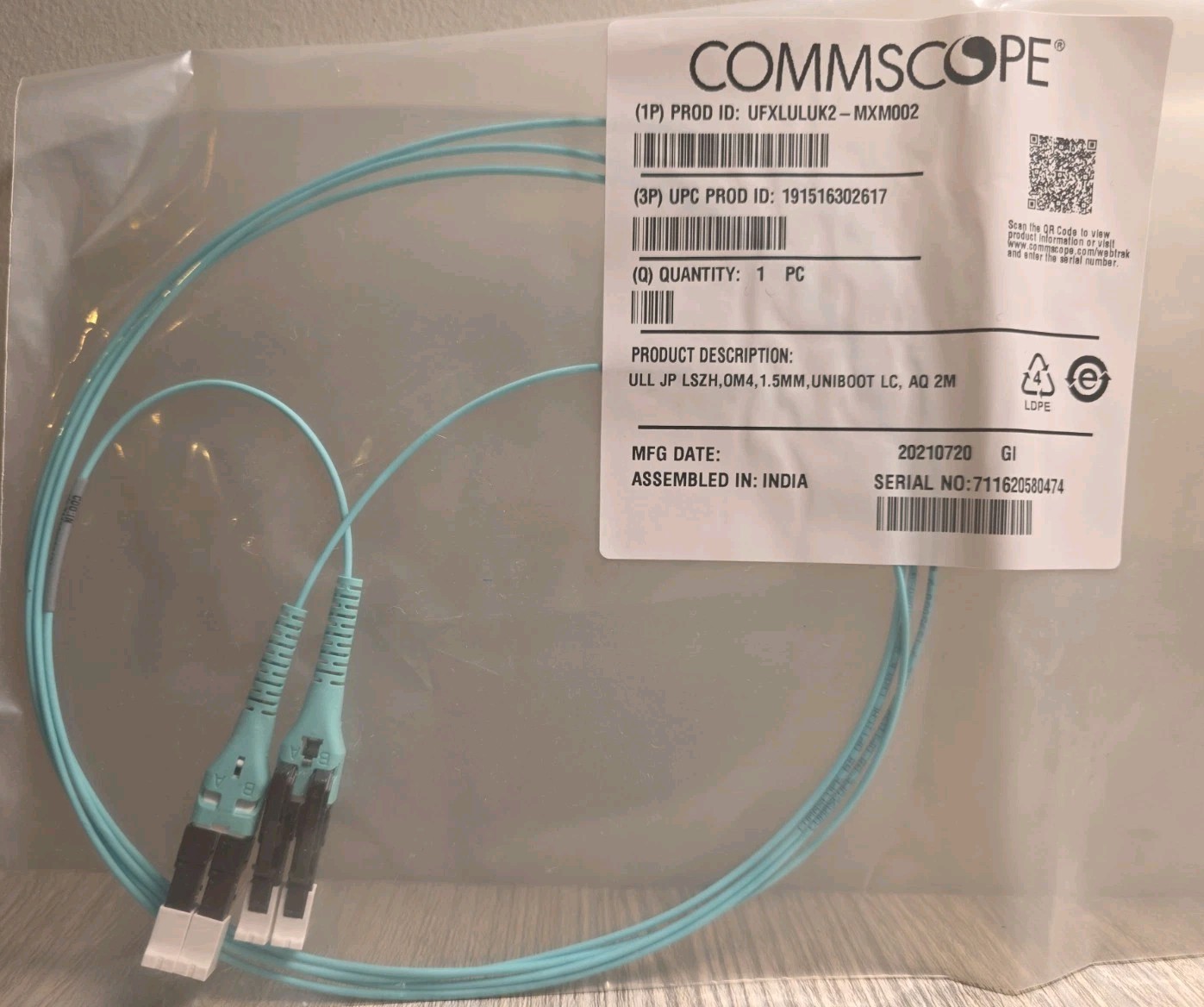 Lot of 5 CommScope OM4 Fiber Patch Cable 2M LCDuplex LazrSPEED Multimode Uniboot