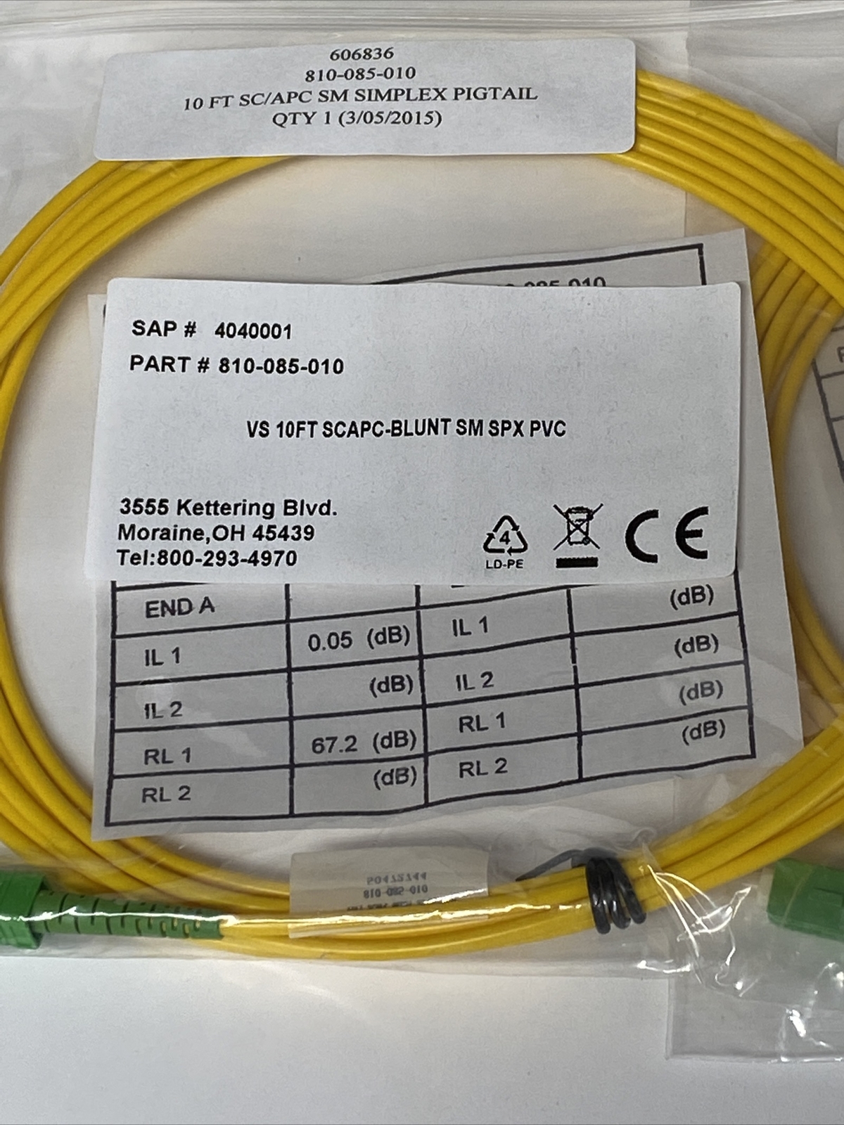 Simplex 810-085-010 VS 10FT SCAPC BLUNT SM SPX PVC Cord Pigtail – LOT OF 12 New