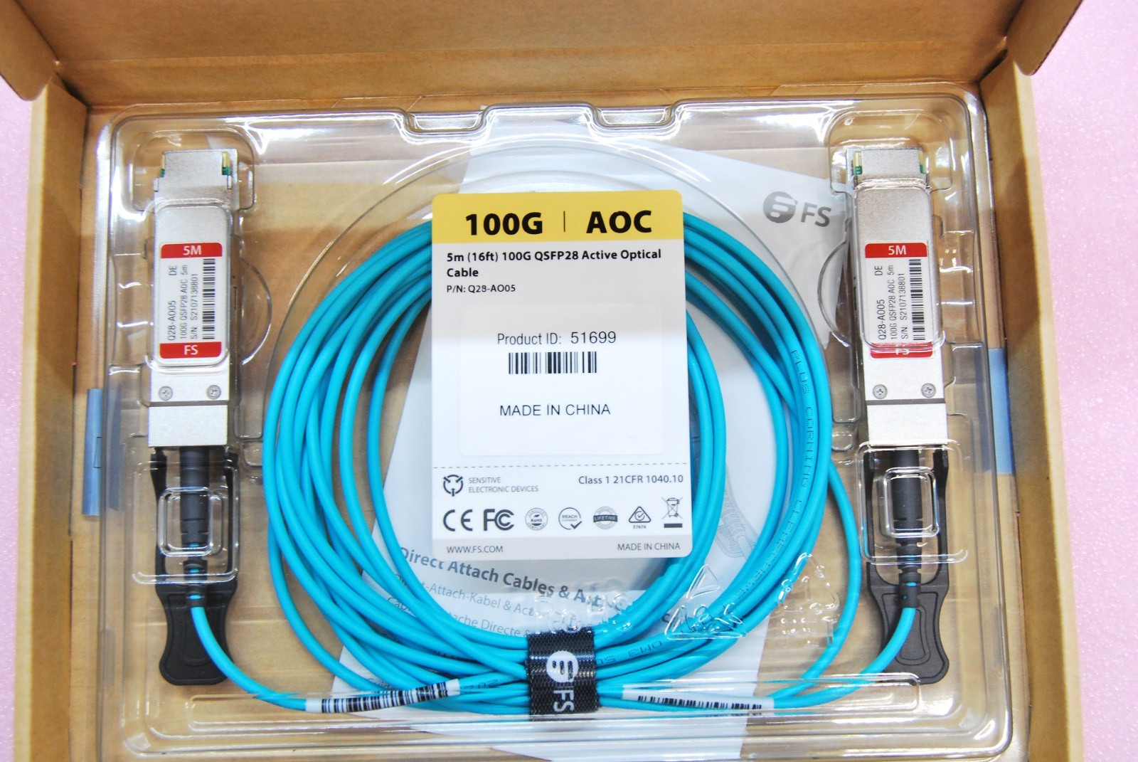 FS 100G AOC 5M (16FT) 100G QSFP28 ACTIVE OPTICAL CABLE Q28-AO05 T8-B10