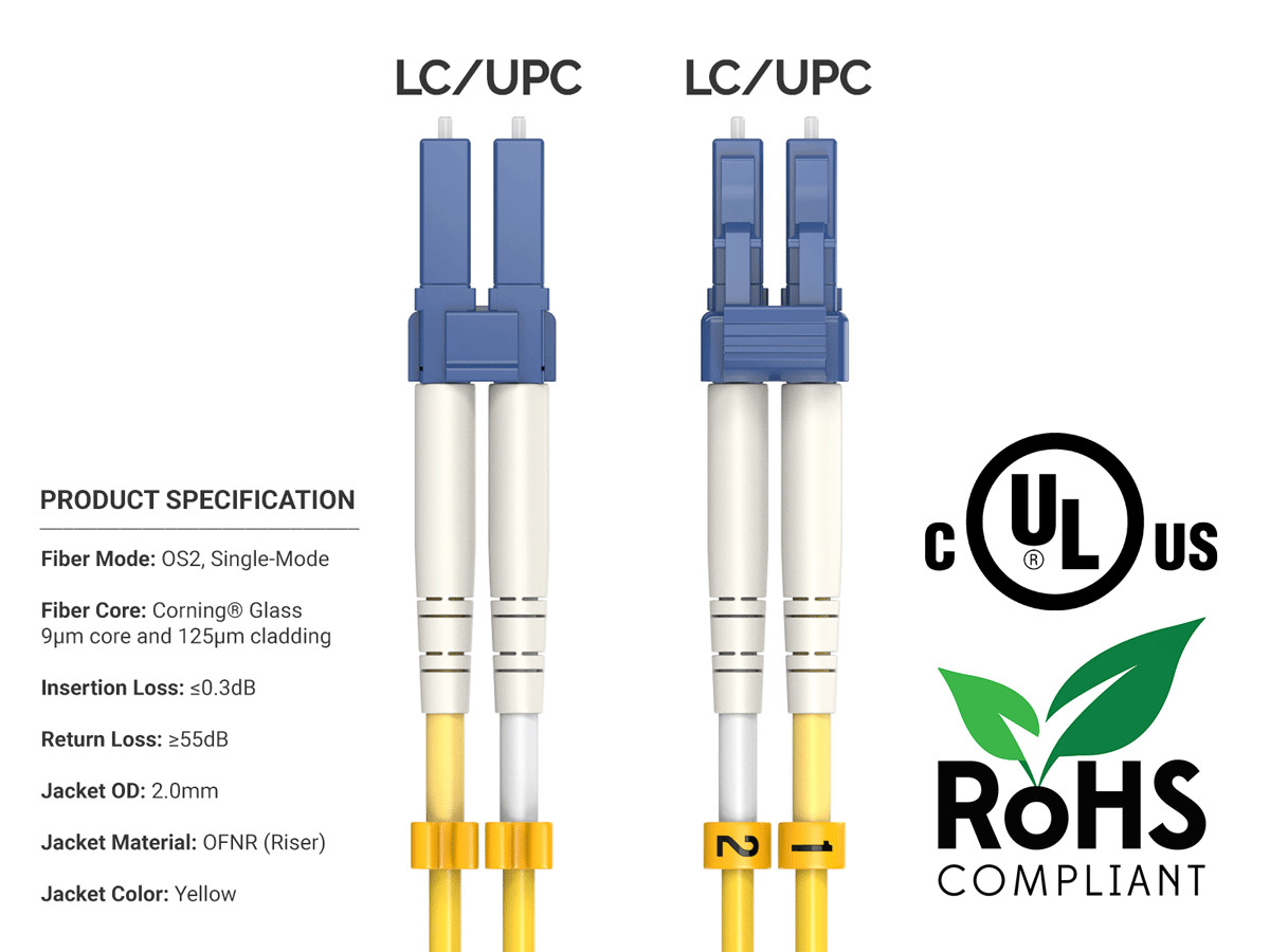 30m OS2 LC to LC UPC Duplex Corning Fiber Optic Cable SingleMode 9/125 OFNR R…