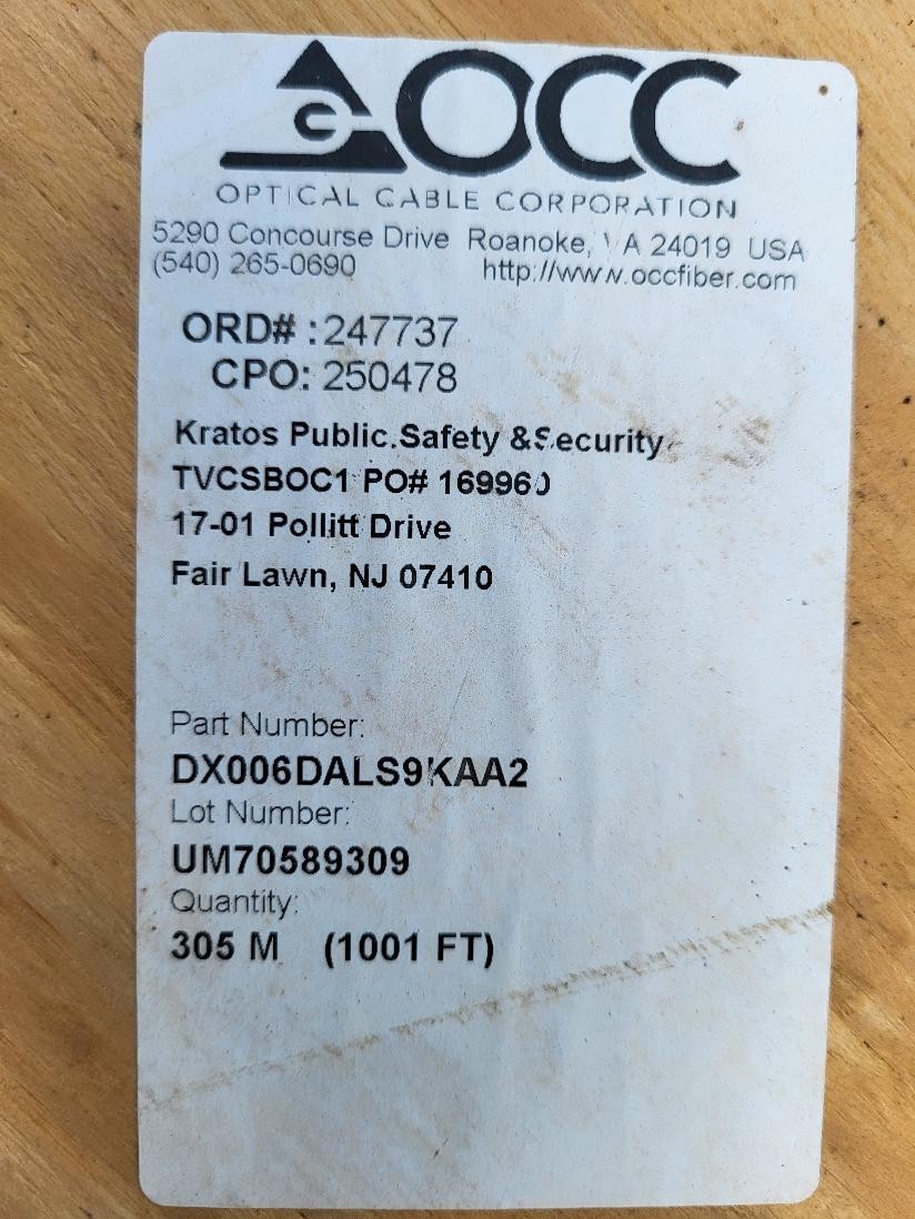 OPTICAL CABLE CORPORATION P/N:DX006DALS9KAA2 OPTICAL FIBER CABLE 1000FT SPOOL