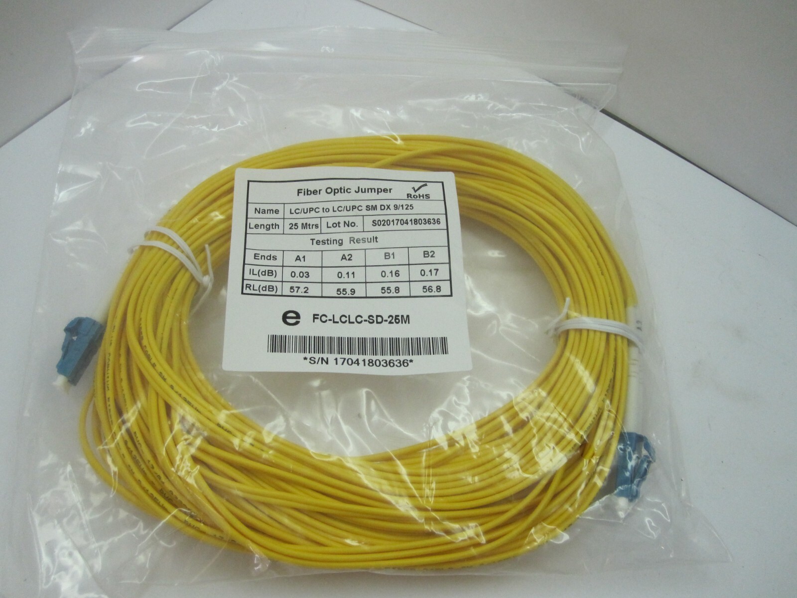 25M LC/UPC to LC/UPC SM DX 9/125 FIBER OPTIC CABLE JUMPER, FREE SHIPPING