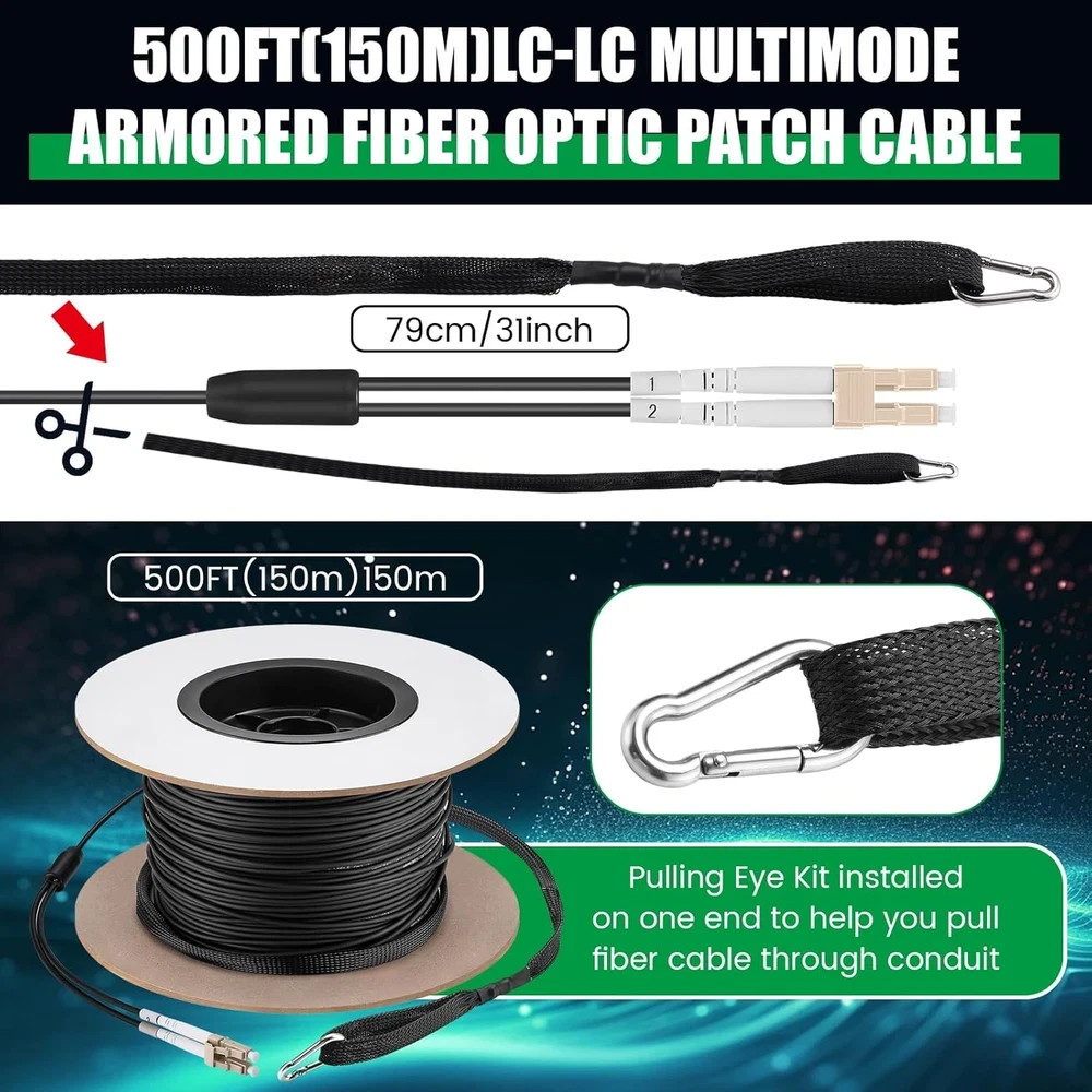 500Ft (150 Meters) OM3 Fiber LC to LC Multimode Outdoor Armored Fiber Optic Cabl