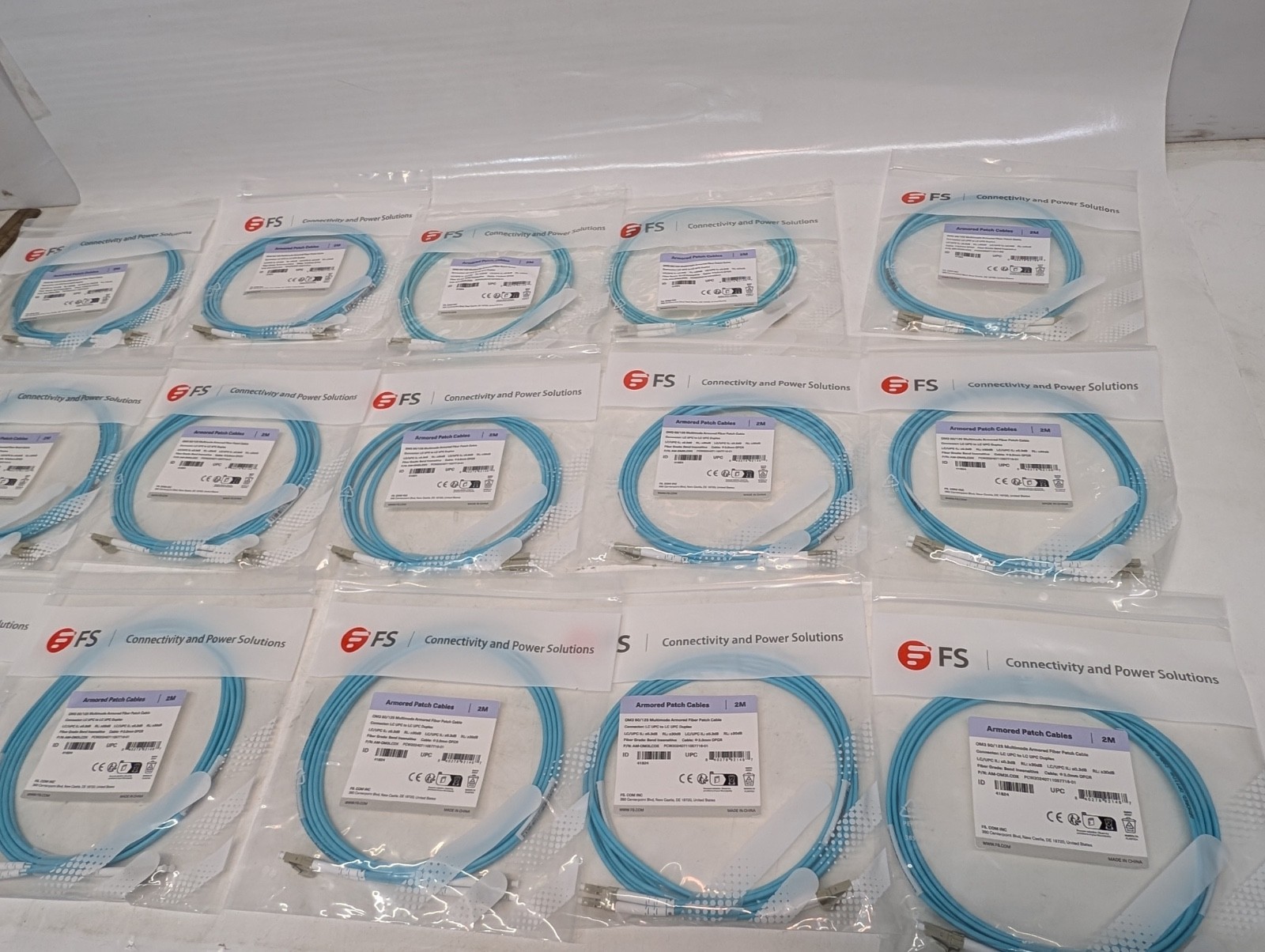 Lot of 15 FS AM-OM3LCDX Multimode Armored Fiber Patch Cables OM3 50/125 2m