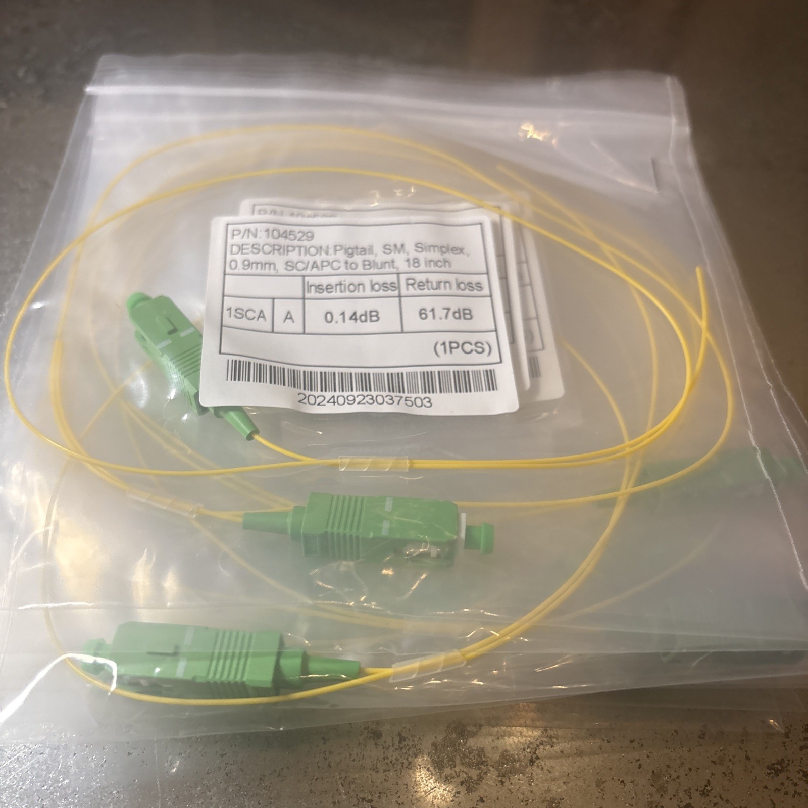 Lot of 10X Pigtail SM Simplex, 0.9mm, SC/APC to Blunt, 18 inch Fiber Optic Cable