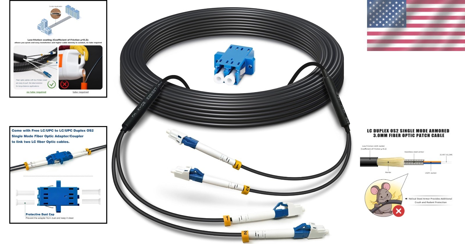 100ft Armored LC to LC Outdoor Fiber Optic Cable – High-Speed & Weatherproof