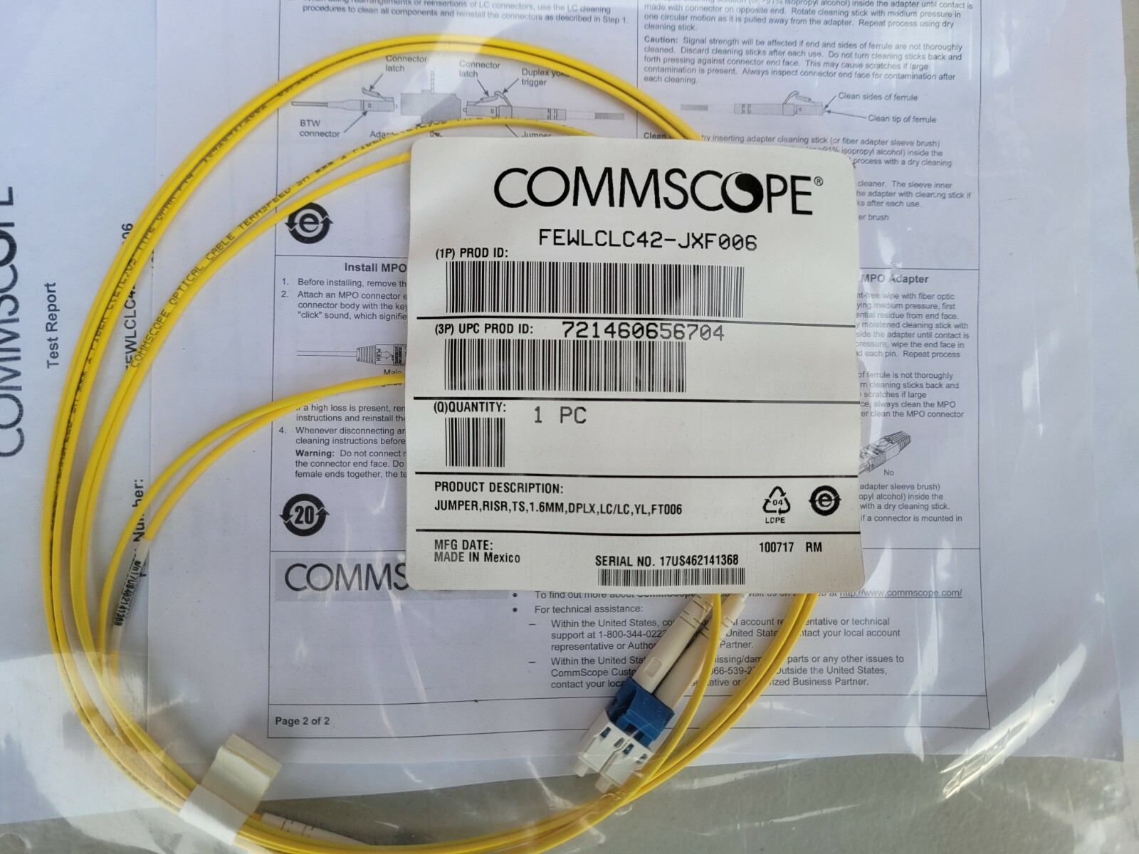 NEW Commscope FEWLCLC42-JXF006 Duplex LC to LC 6FT 1.6 Mm Fiber Patch Cable
