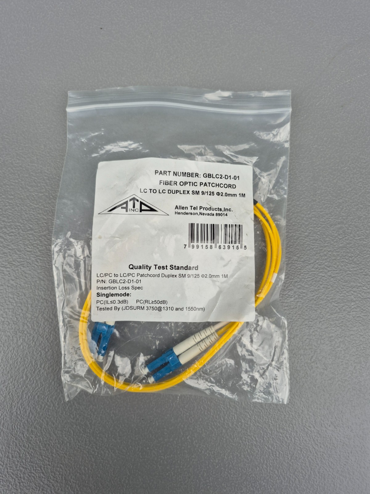 NEW Allen Tel GBLC2-D1-01 Singlemode Duplex LC to LC Fiber Optic Patch Cord, 1 M