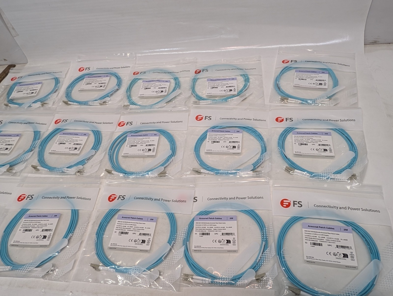 Lot of 15 FS AM-OM3LCDX Multimode Armored Fiber Patch Cables OM3 50/125 2m