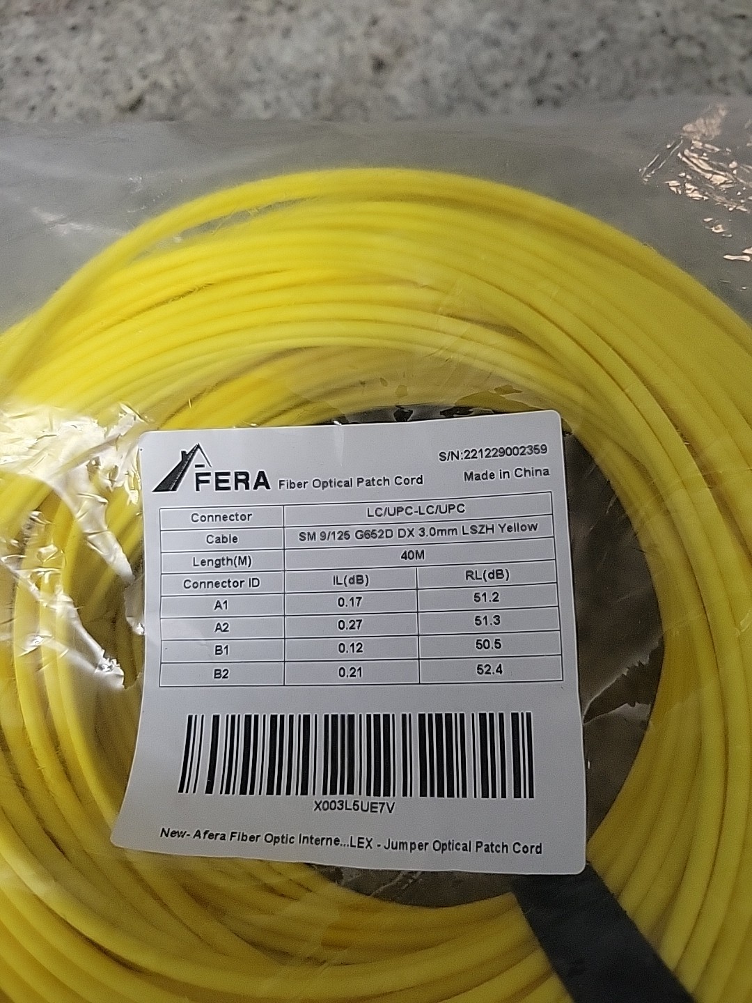 AFERA 40M LC/UPC-LC/UPC Fiber Optic Patch Cord SM 9/125 G652D LSZH Yellow Cable