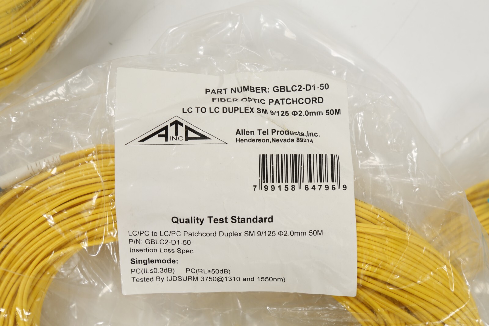 LOT of 3 Allen Tel Singlemode Duplex LC to LC Fiber Optic Patch Cords