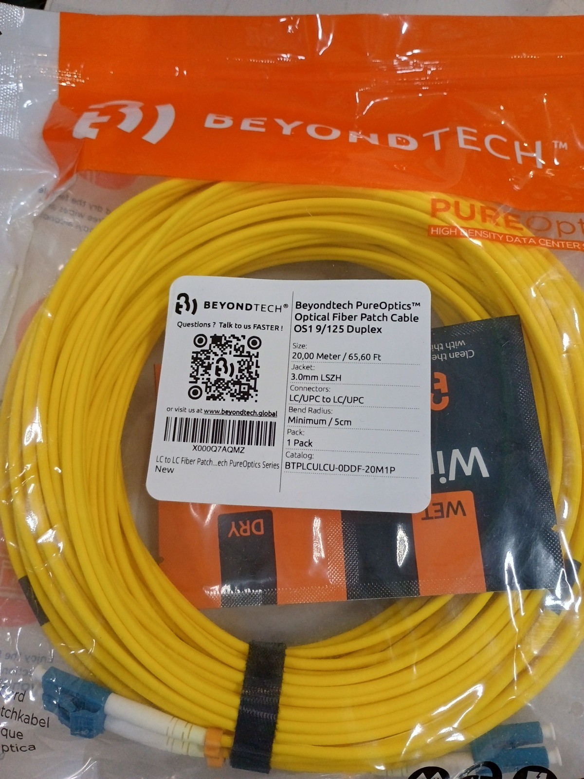 BEYONDTECH LC to LC fiber patch cable, Single mode duplex, 20M OS1