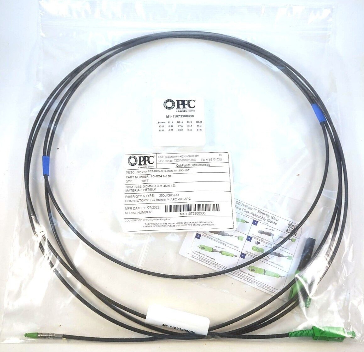 PPC 10′ Fiber QuikPush Cable Assembly 3mm SC APC Balistix Part 10-0241-10F